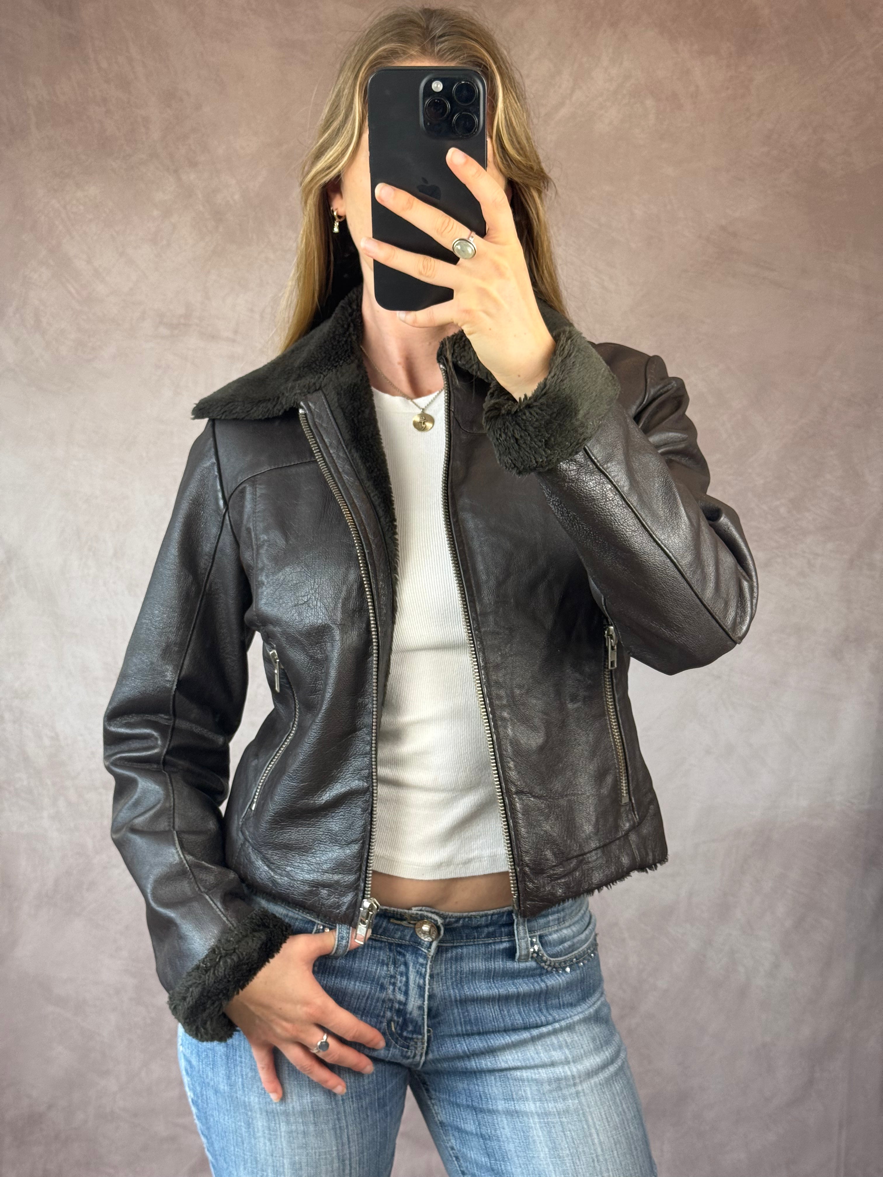 Y2K vintage faux fur aviator jacket (M)