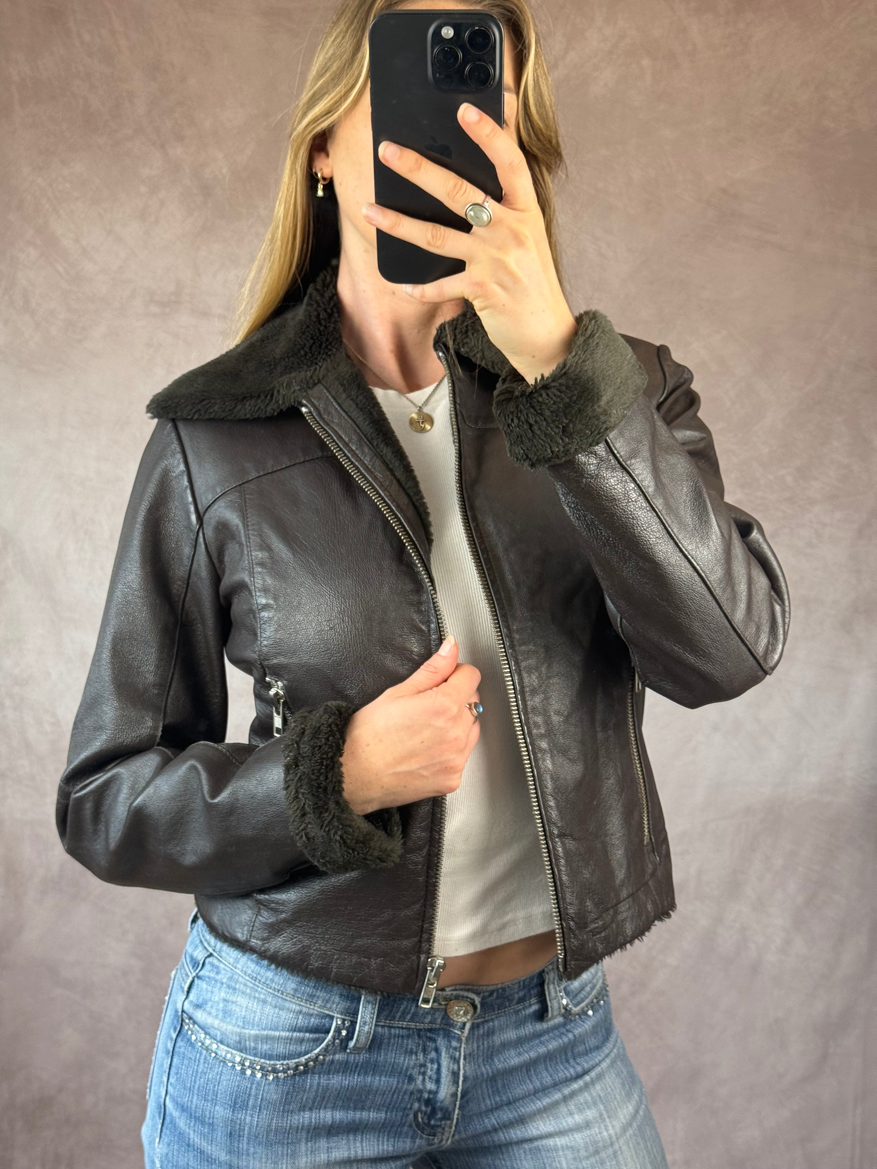 Y2K vintage faux fur aviator jacket (M)