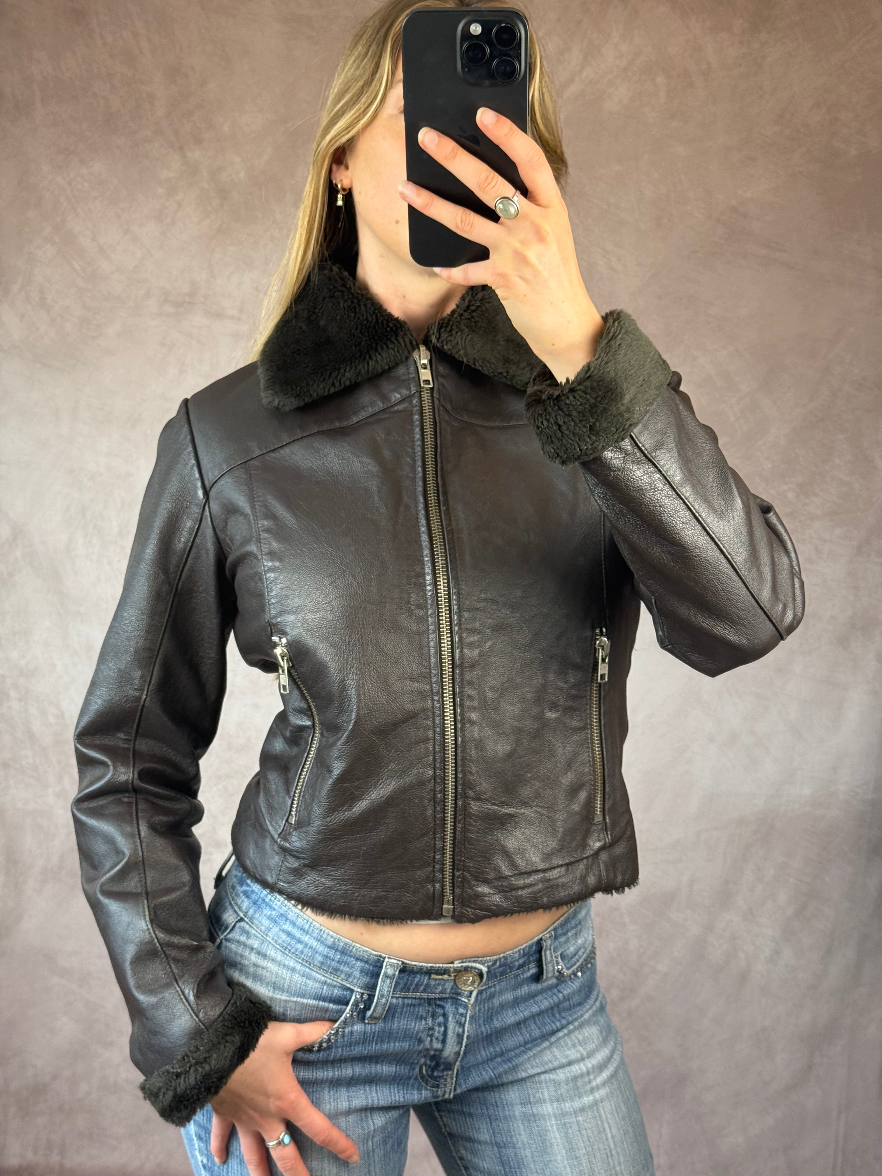 Y2K vintage faux fur aviator jacket (M)