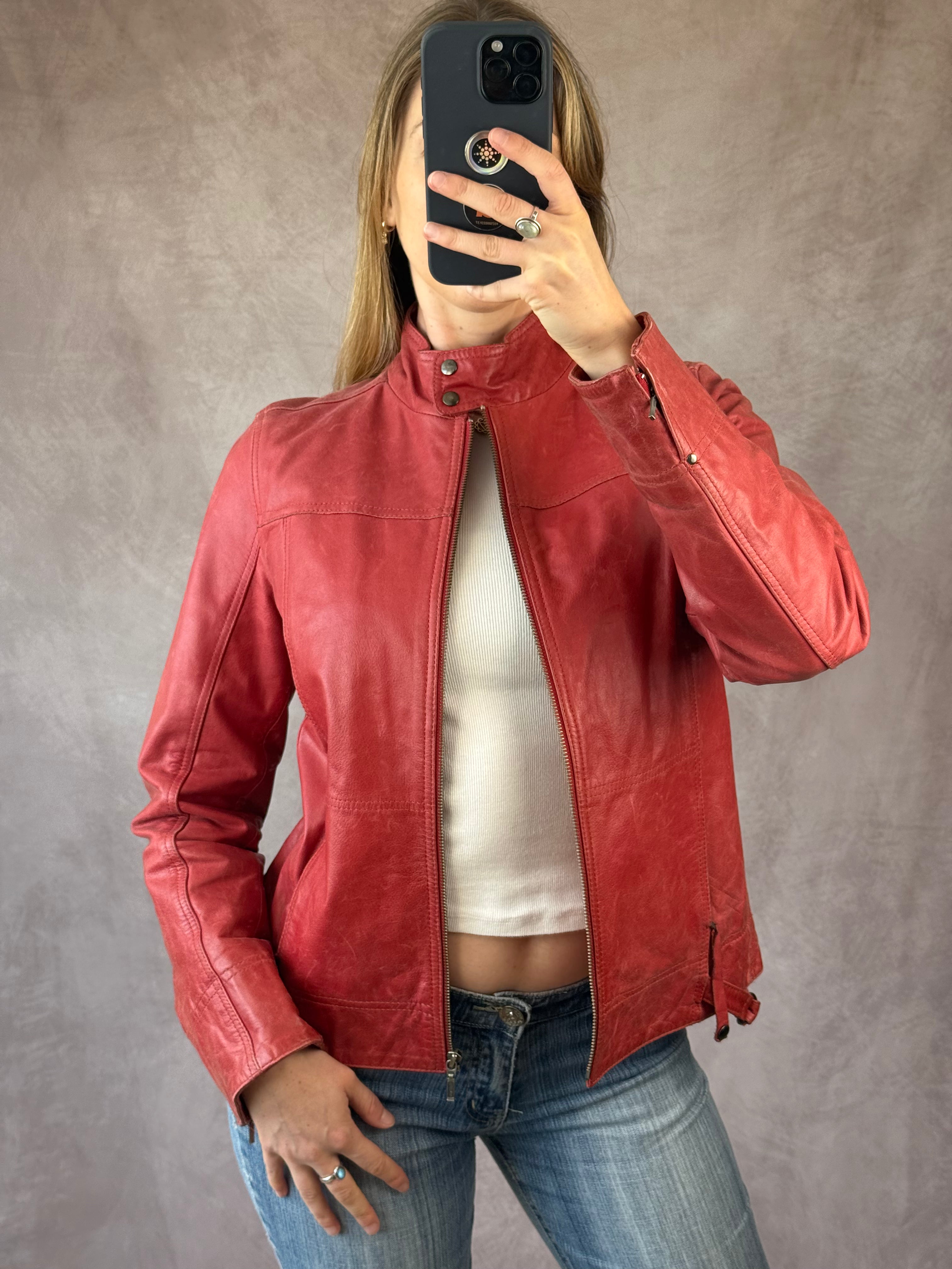 Vintage Y2K racer red leather jacket (L)