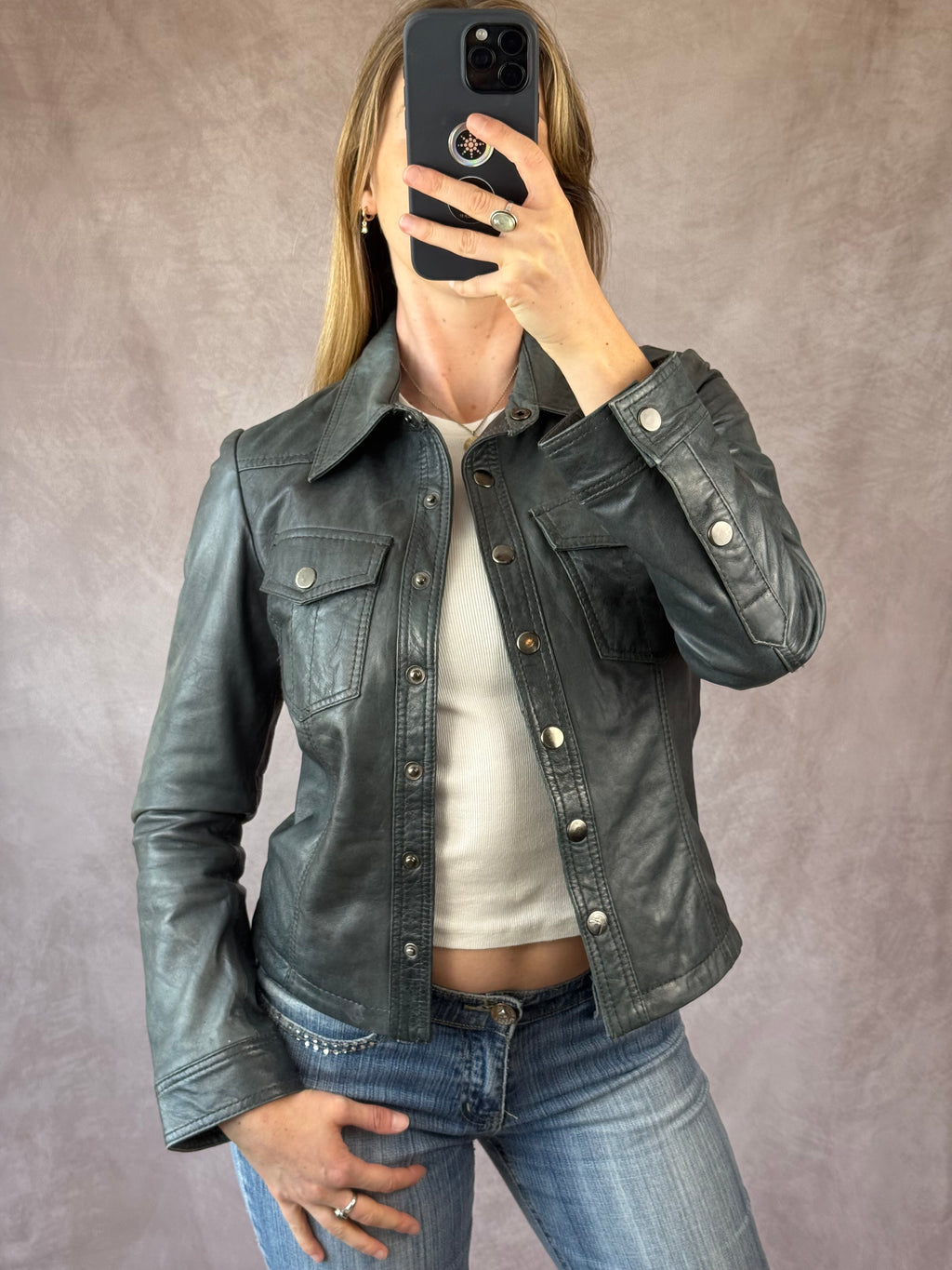 Vintage Y2K royal blue leather biker jacket (M)