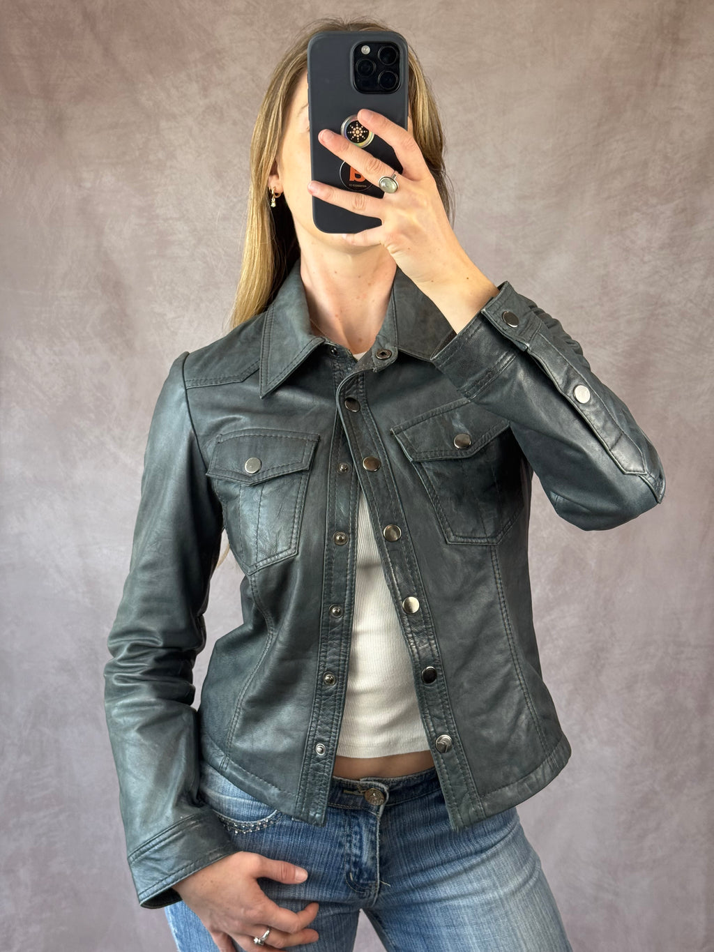 Vintage Y2K royal blue leather biker jacket (M)