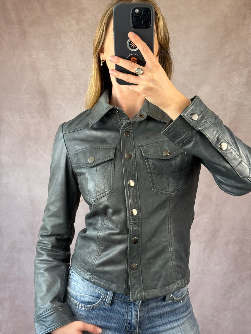Vintage Y2K royal blue leather biker jacket (M)