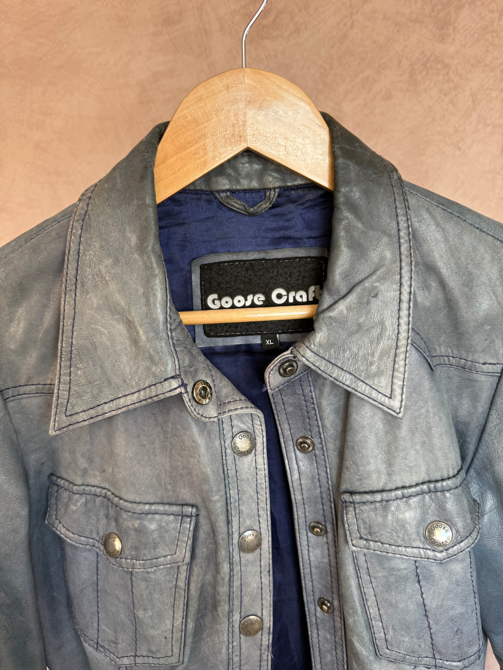 Vintage Y2K smokey blue leather biker jacket (L)