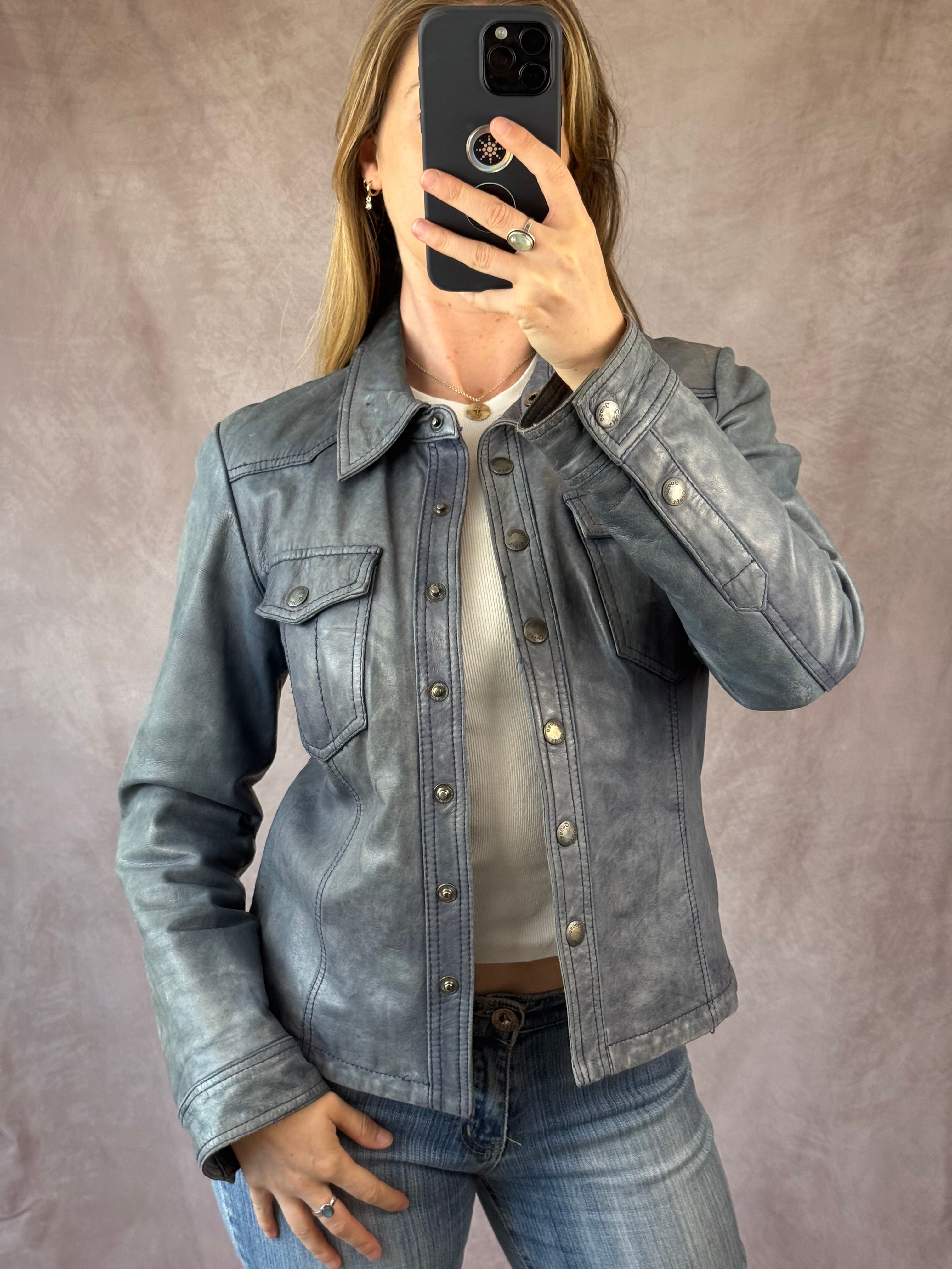 Vintage Y2K smokey blue leather biker jacket (L)