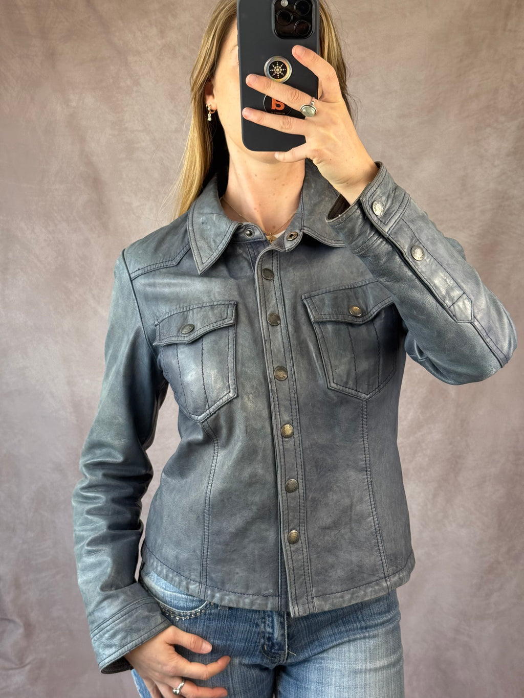 Vintage Y2K smokey blue leather biker jacket (L)