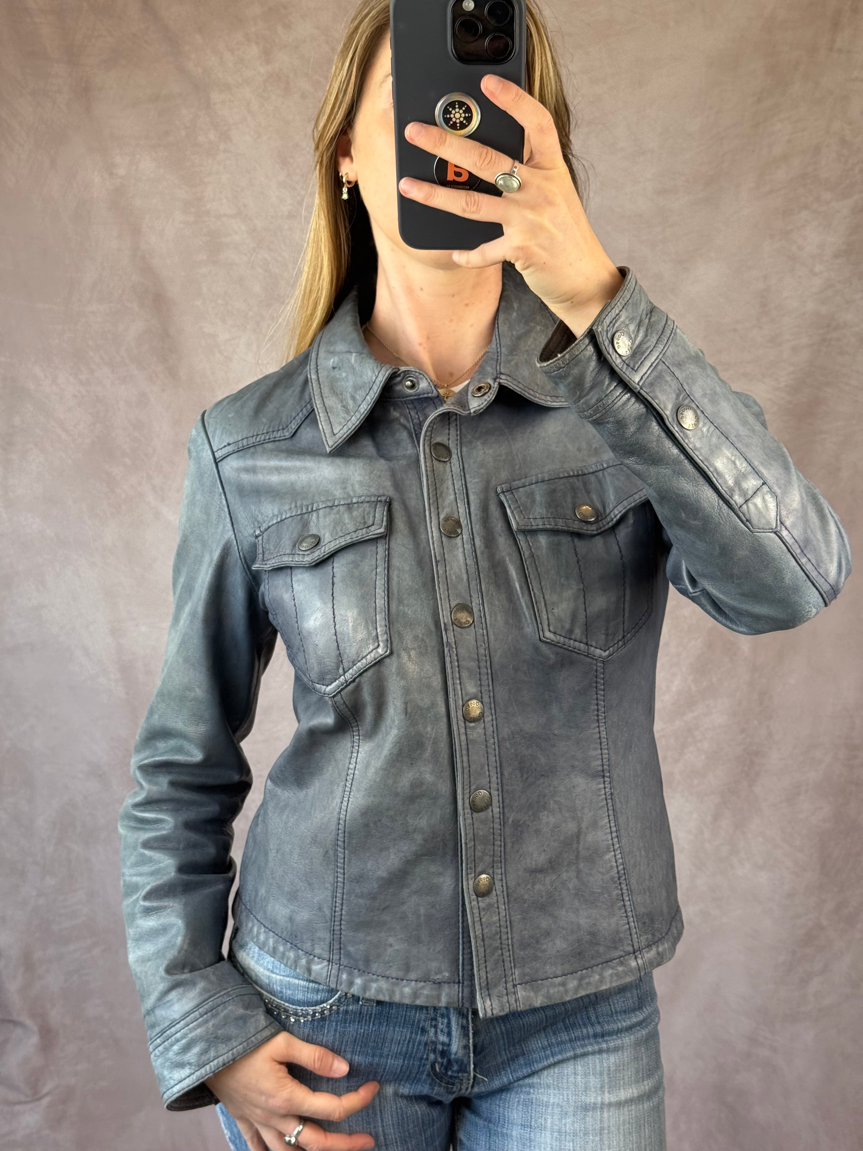 Vintage Y2K smokey blue leather biker jacket (L)