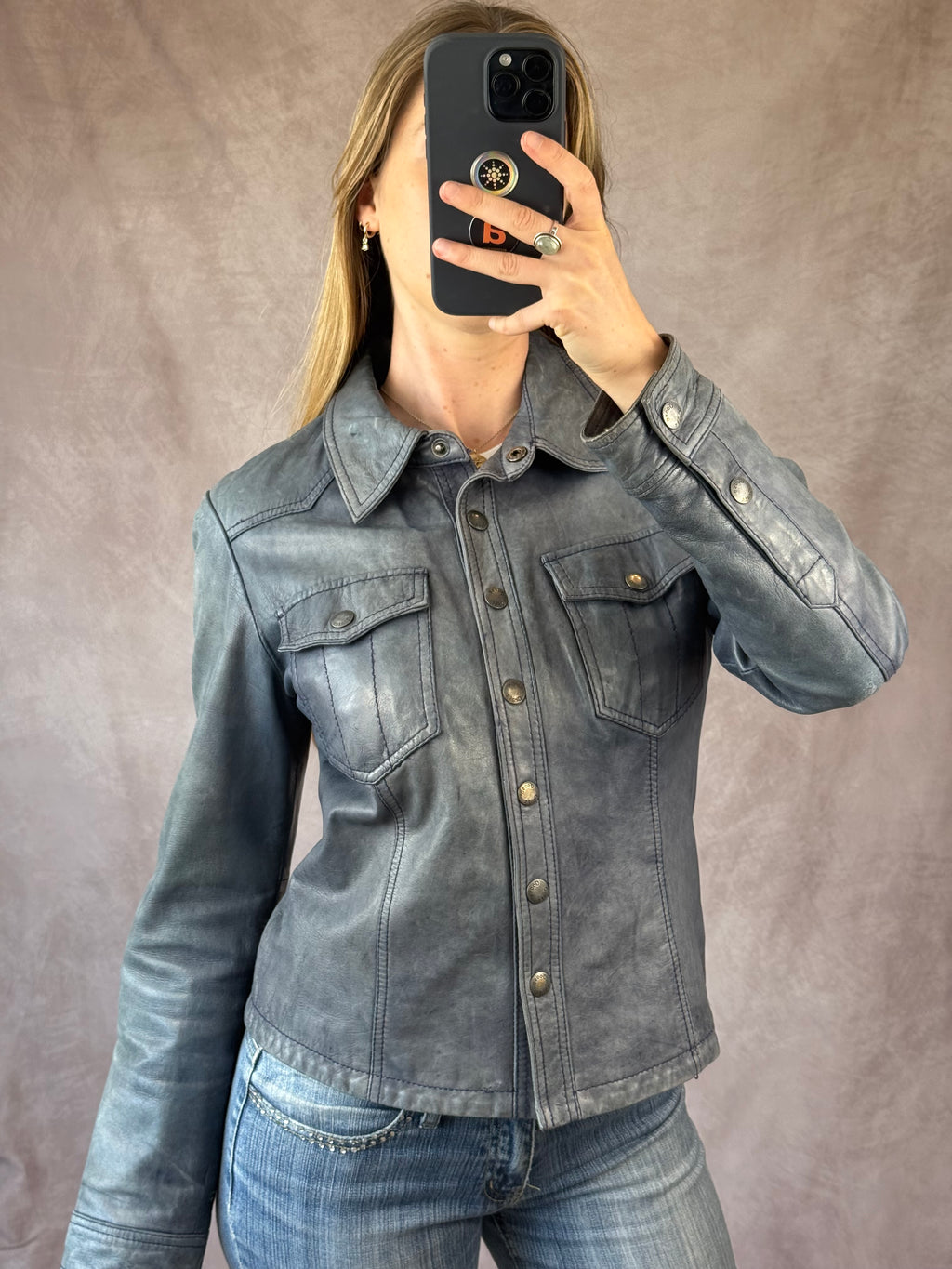 Vintage Y2K smokey blue leather biker jacket (L)