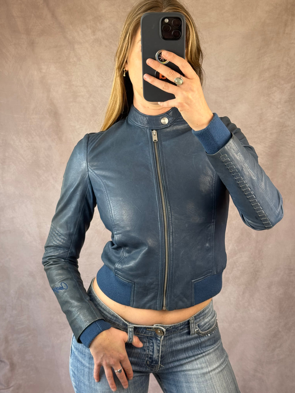 Vintage Y2K leather french bomber jacket (XS)