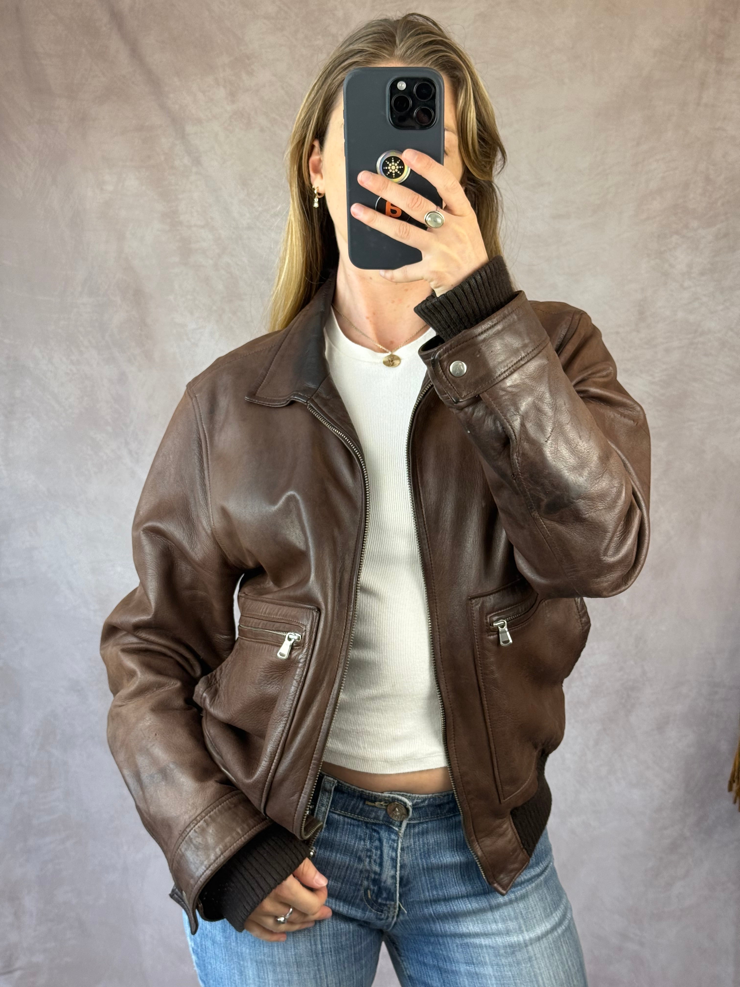 Vintage Y2K brown leather bomber jacket (XL)