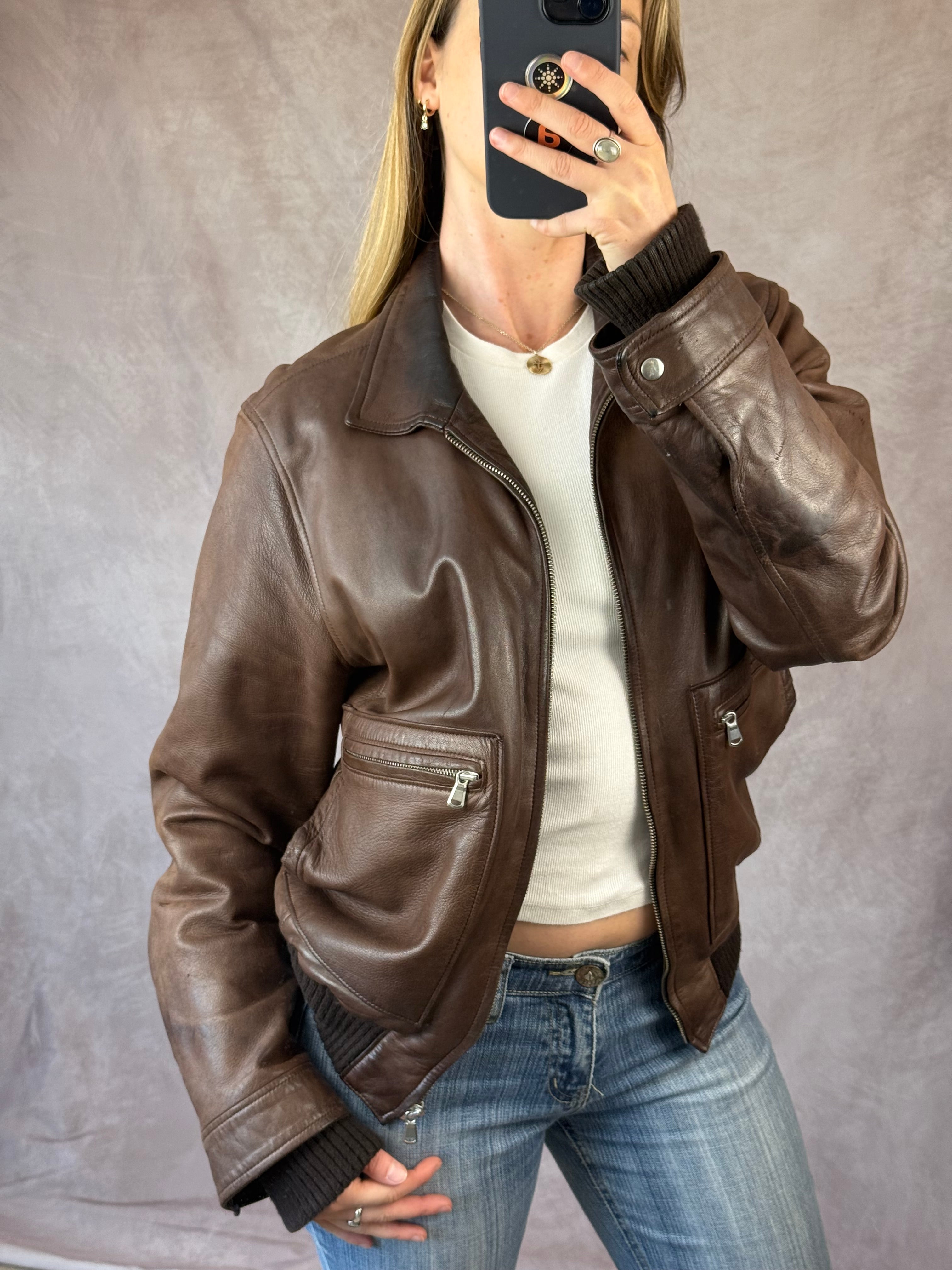 Vintage Y2K brown leather bomber jacket (XL)