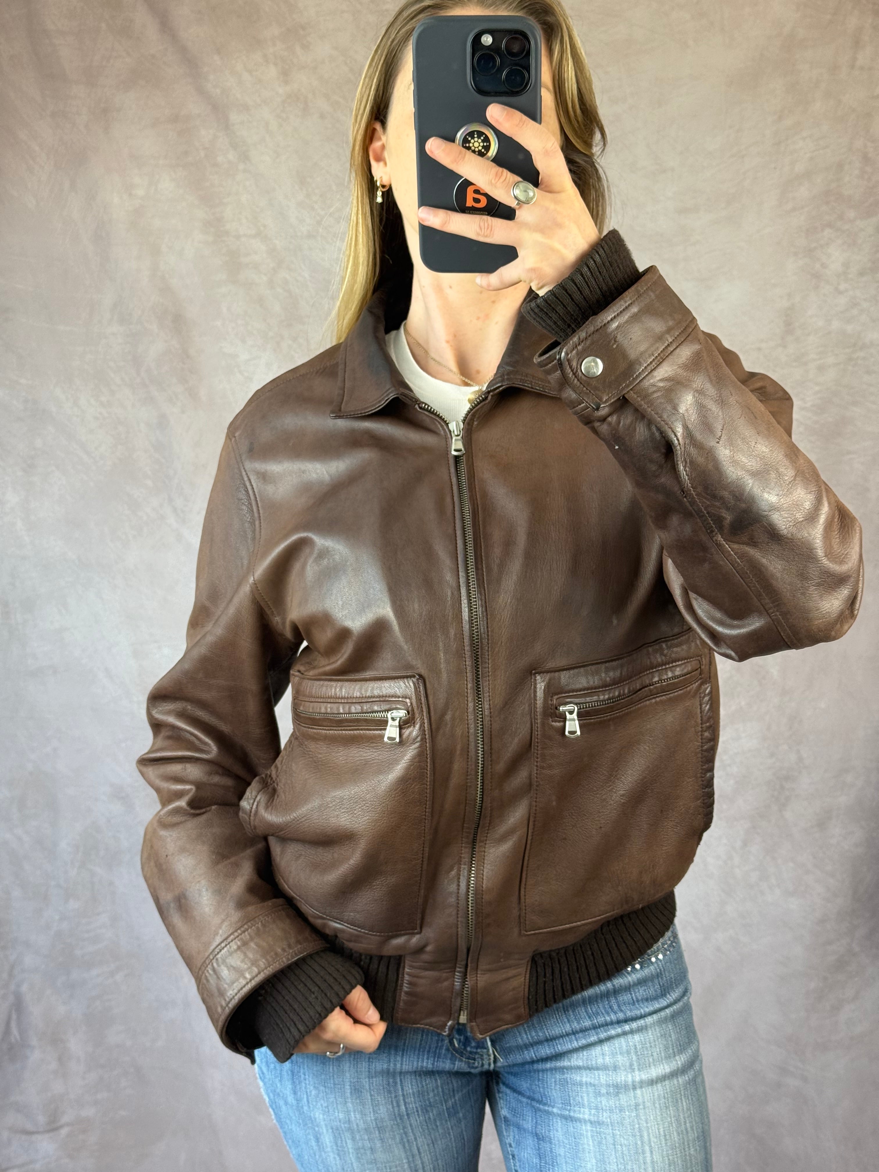 Vintage Y2K brown leather bomber jacket (XL)