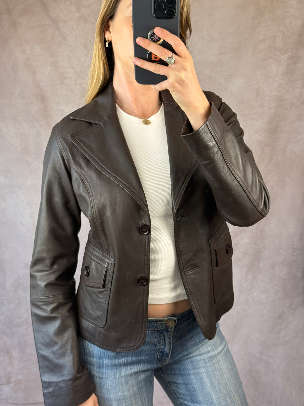 Vintage Y2K dark brown leather blazer jacket (L)