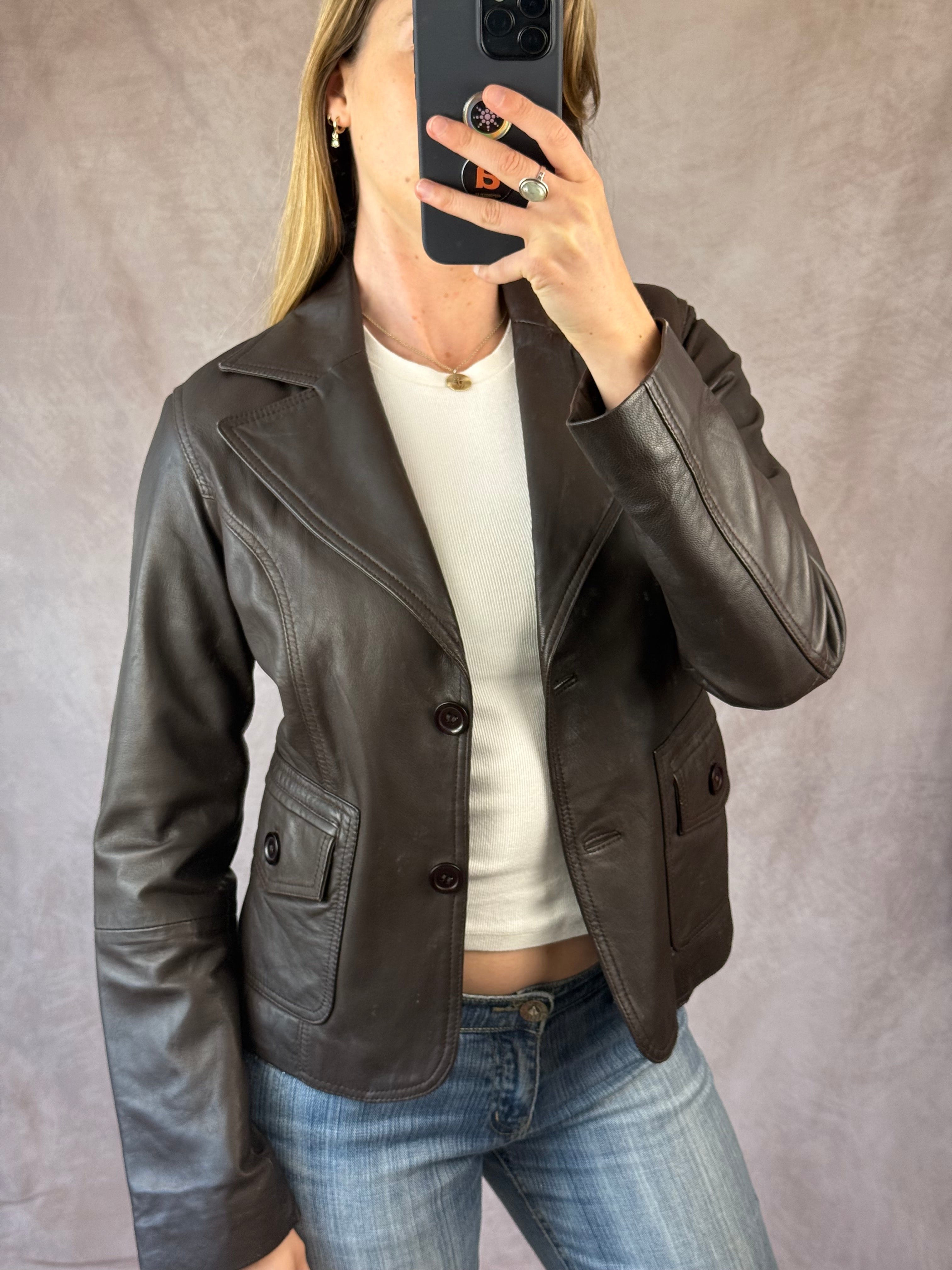 Vintage Y2K dark brown leather blazer jacket (L)