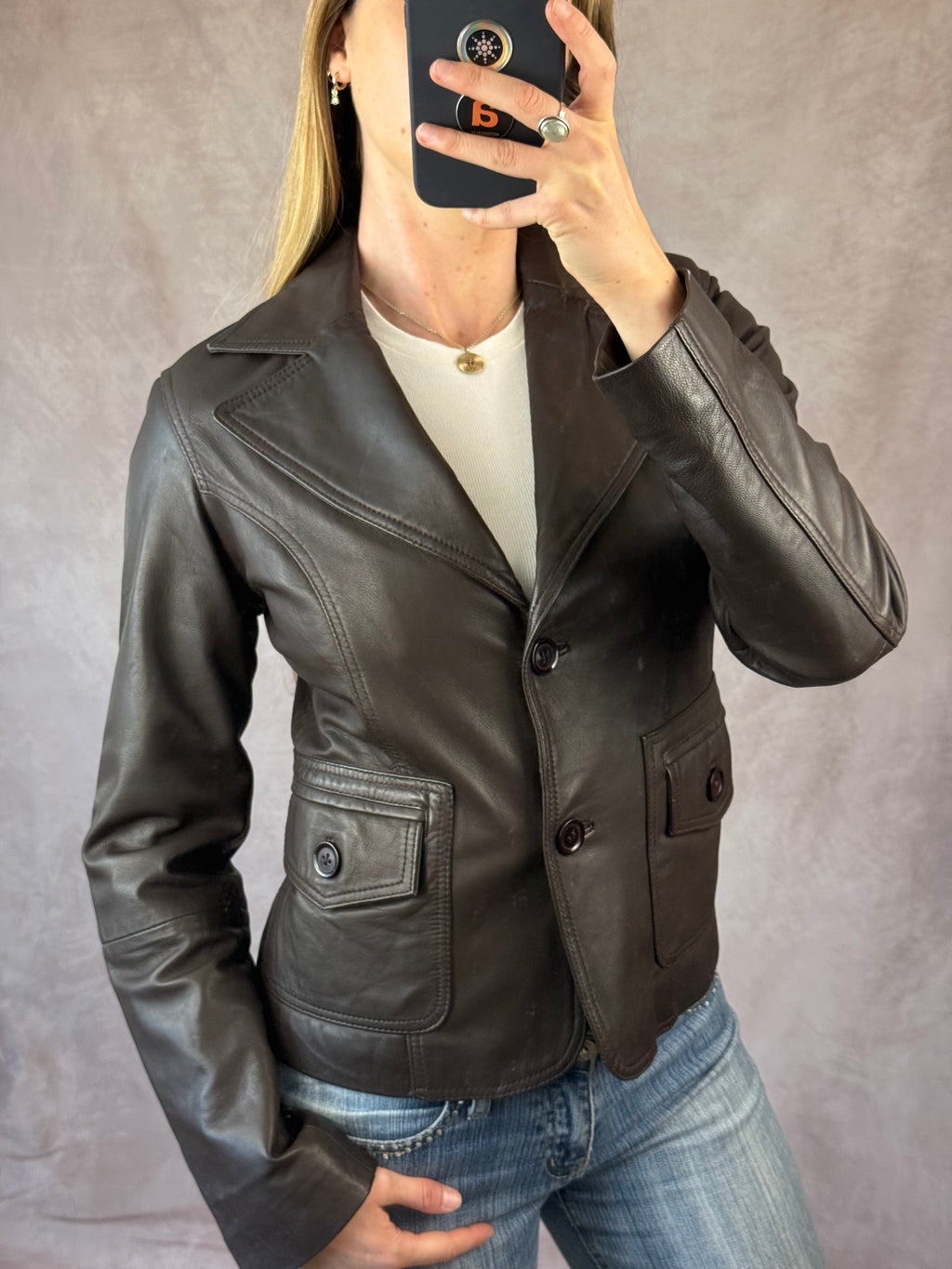 Vintage Y2K dark brown leather blazer jacket (L)