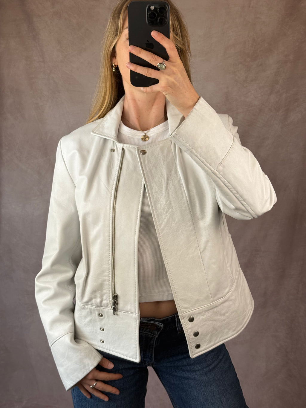 Vintage Y2K white racer leather jacket (L)