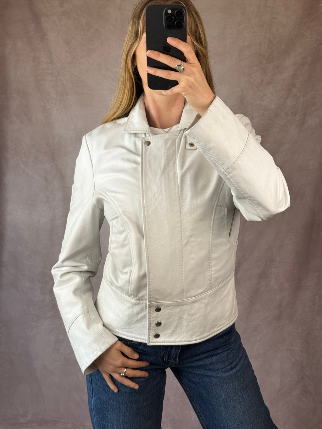 Vintage Y2K white racer leather jacket (L)