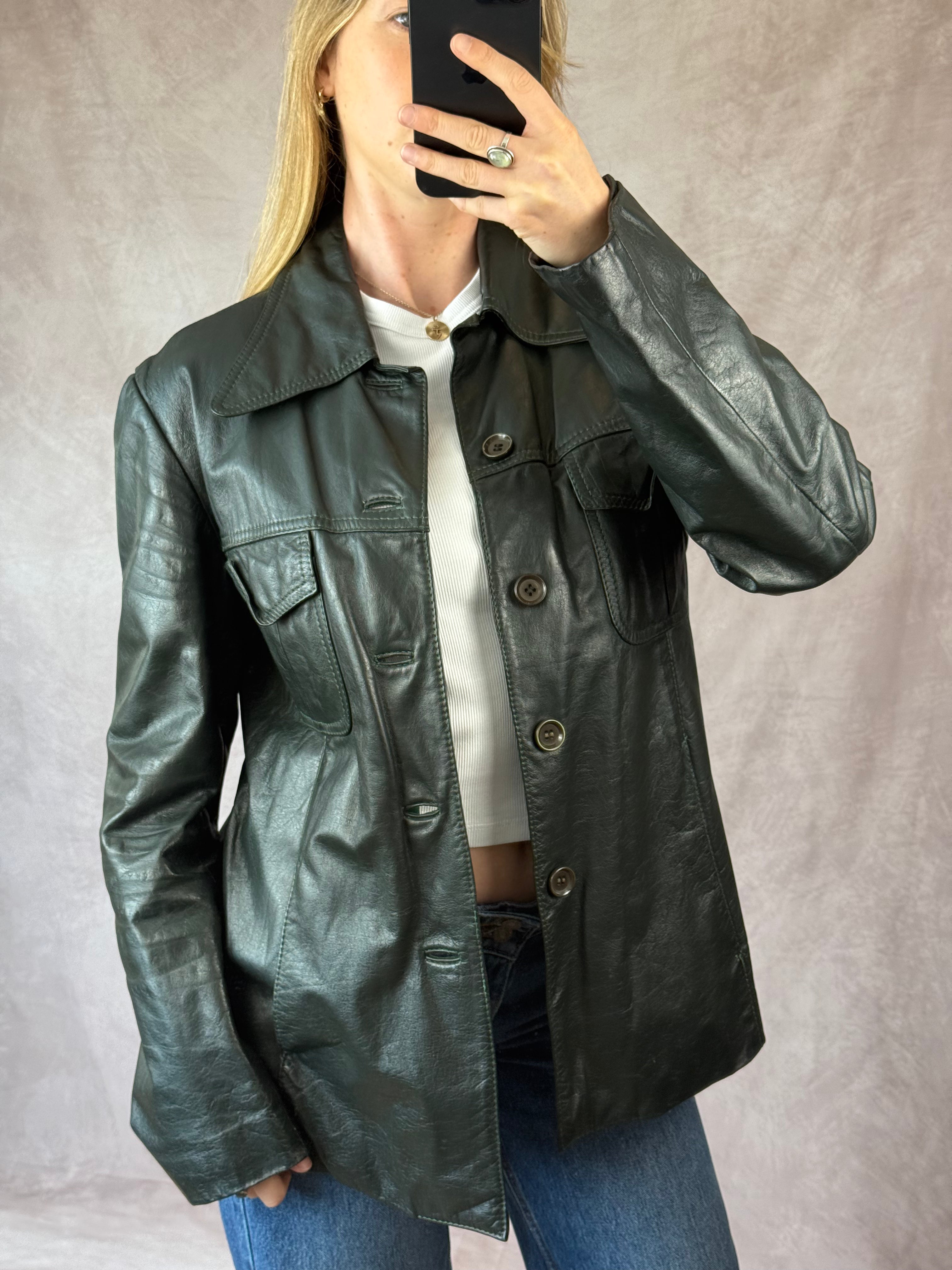 Vintage olive green Y2K leather jacket (L)