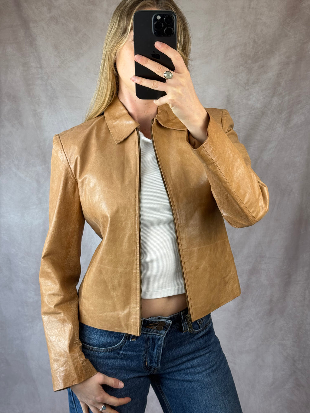 Vintage Y2K light tan leather jacket (S)