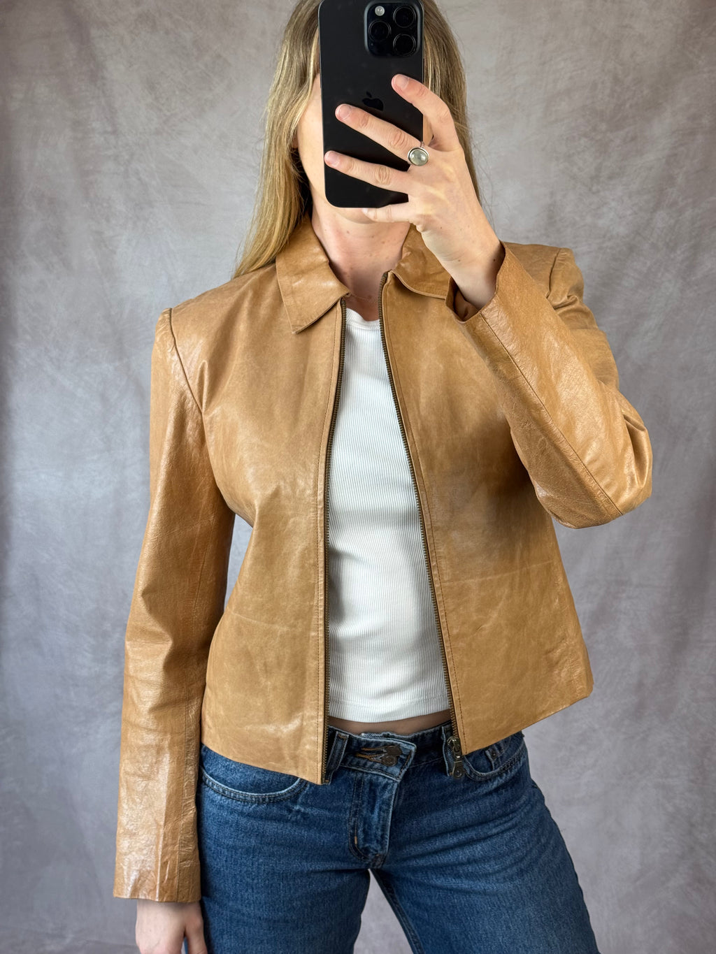 Vintage Y2K light tan leather jacket (S)