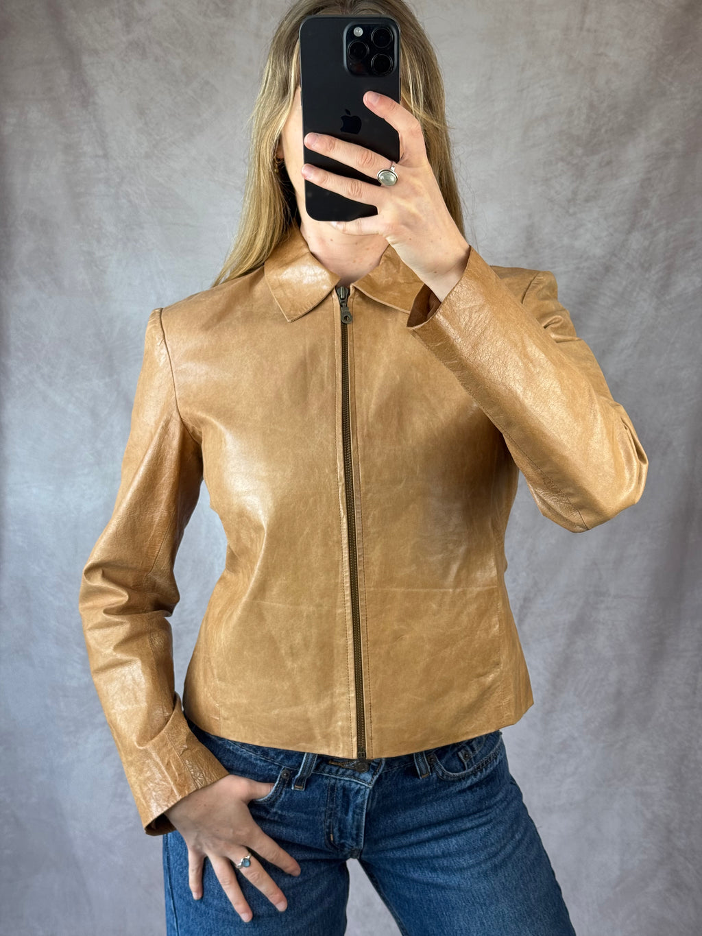 Vintage Y2K light tan leather jacket (S)