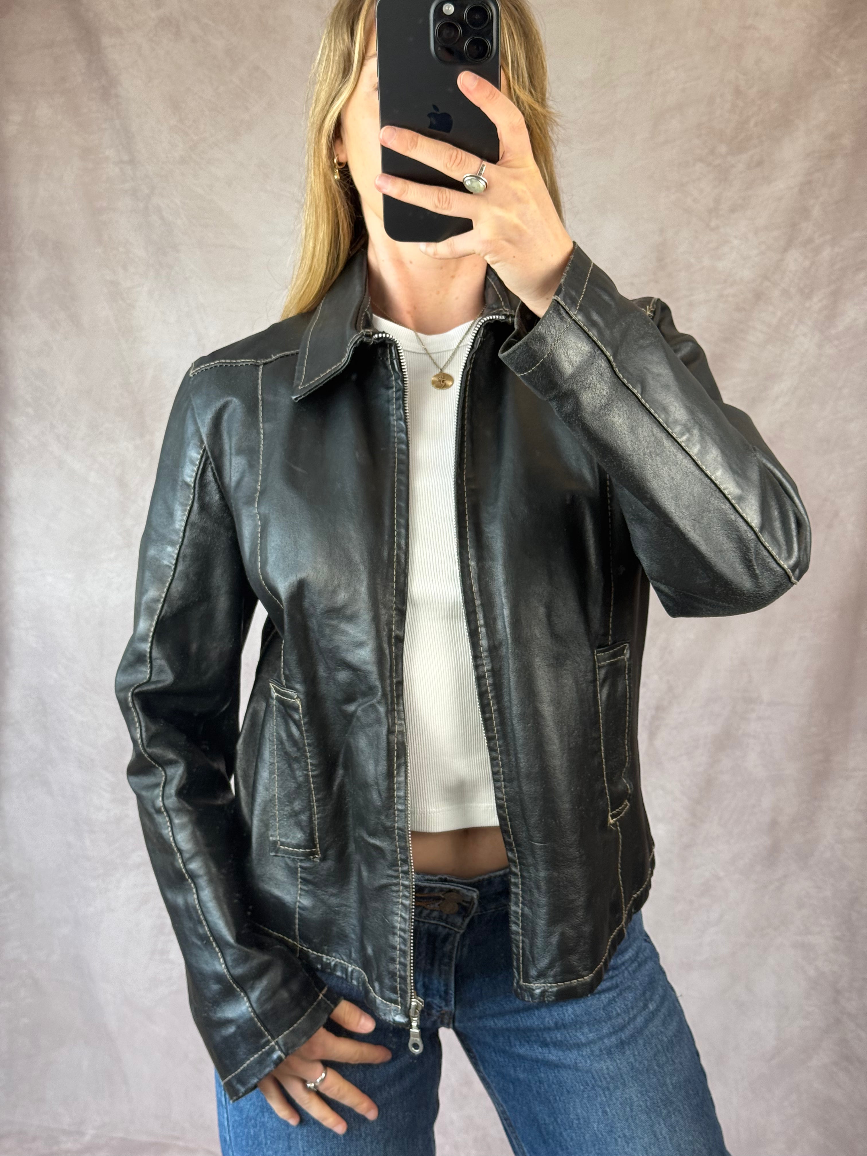 Vintage Y2K black racer leather jacket (M)