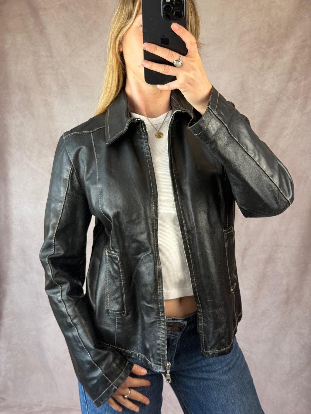 Vintage Y2K black racer leather jacket (M)