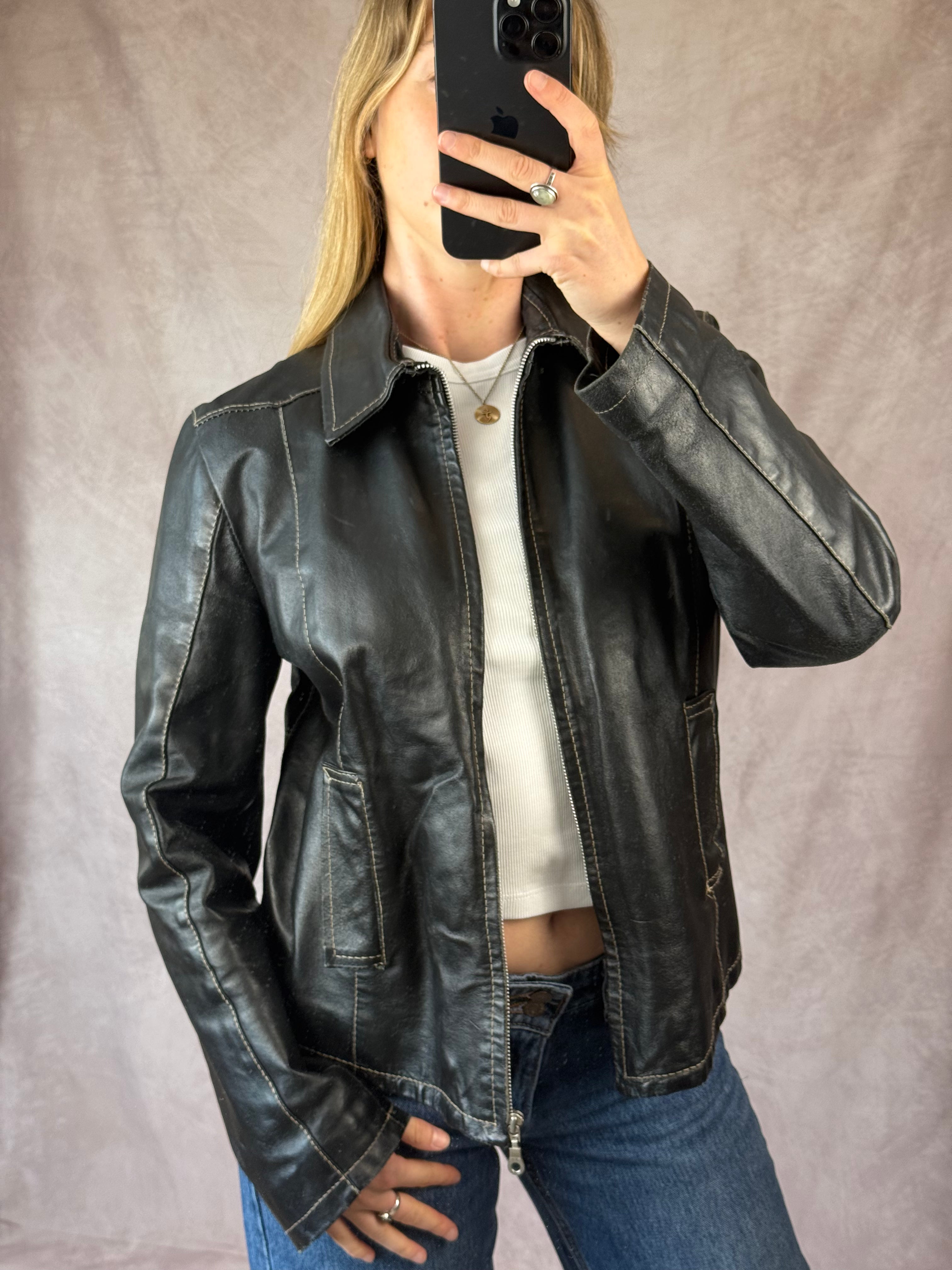 Vintage Y2K black racer leather jacket (M)