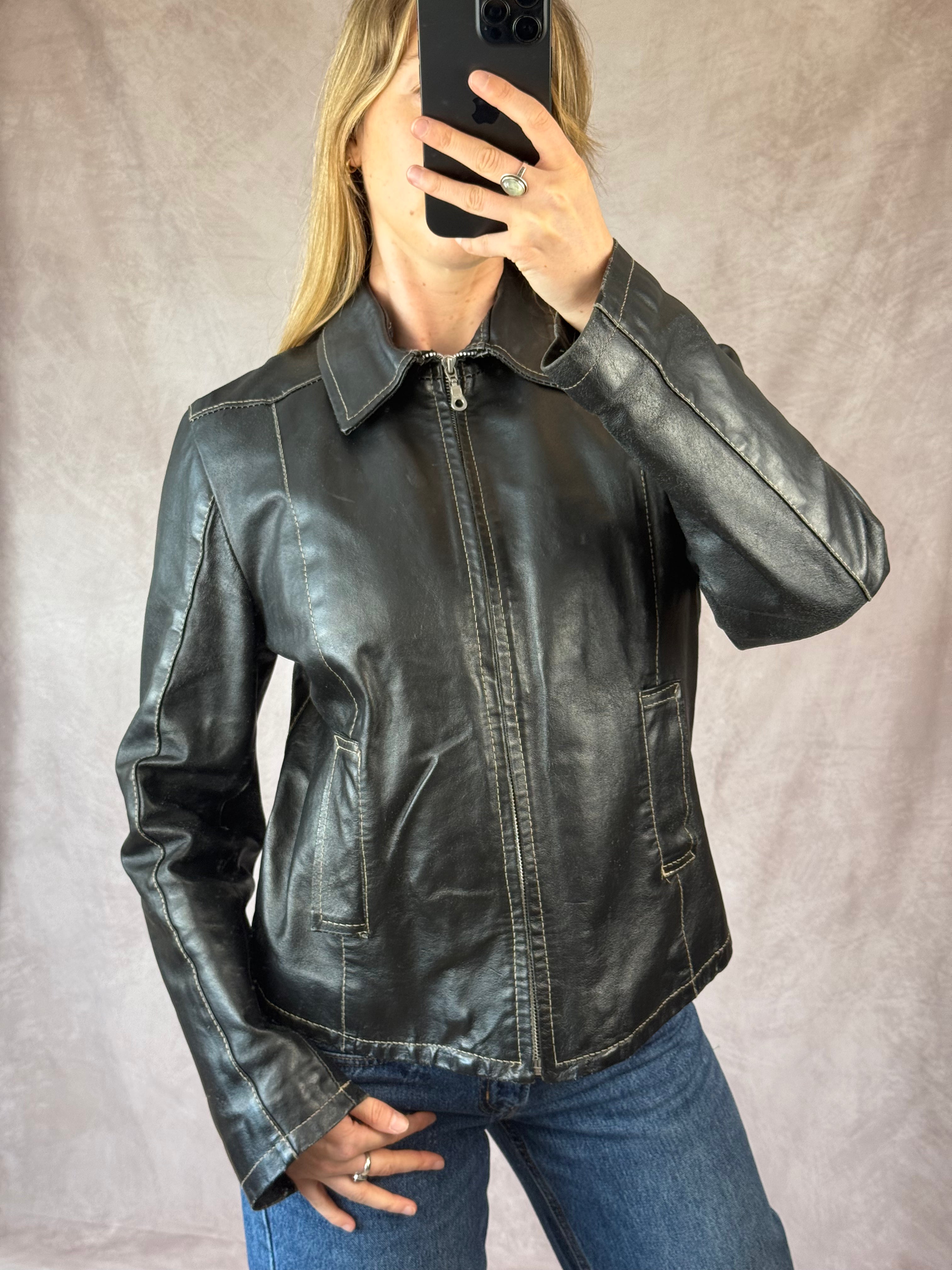 Vintage Y2K black racer leather jacket (M)