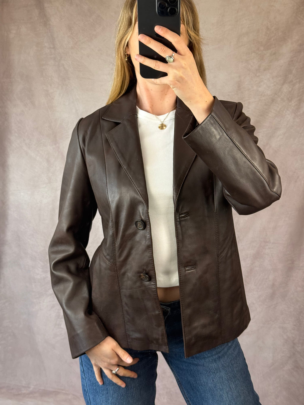 Y2K brown genuine leather jacket (L)