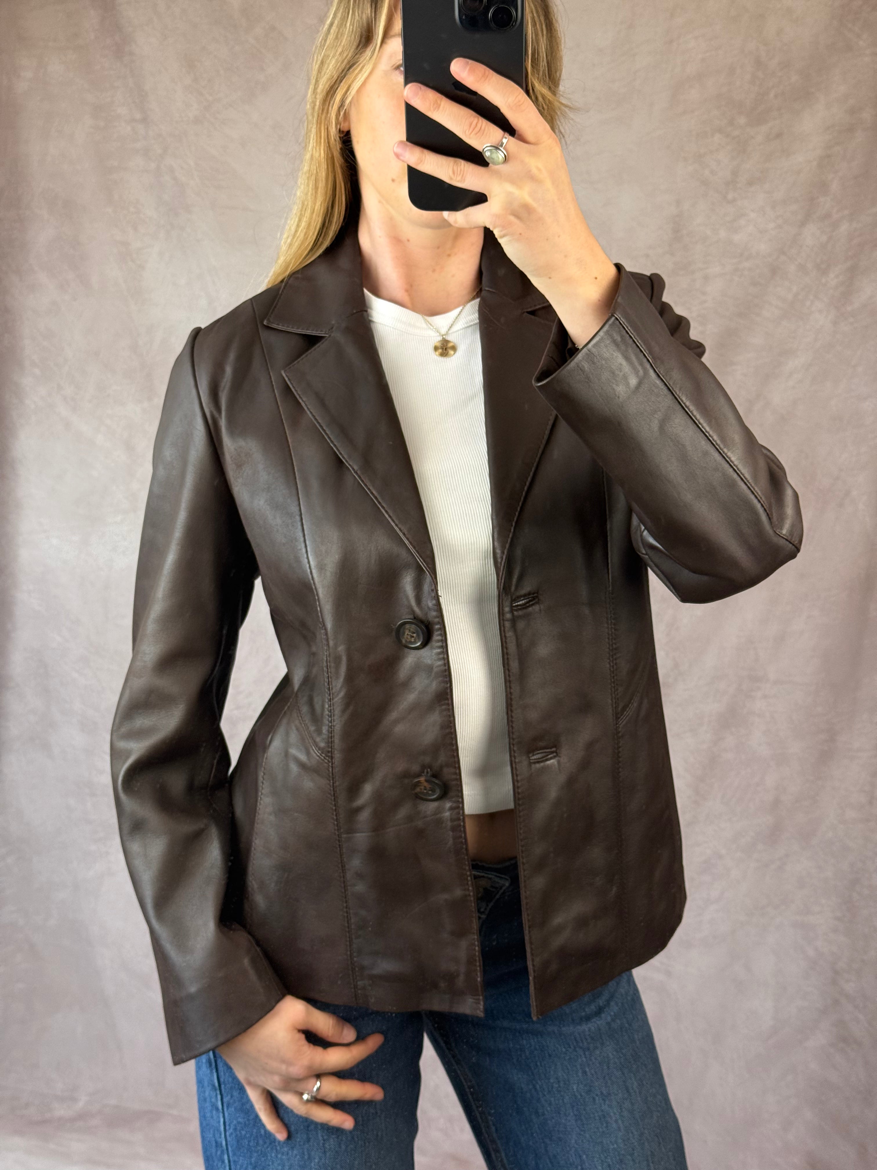 Y2K brown genuine leather jacket (L)