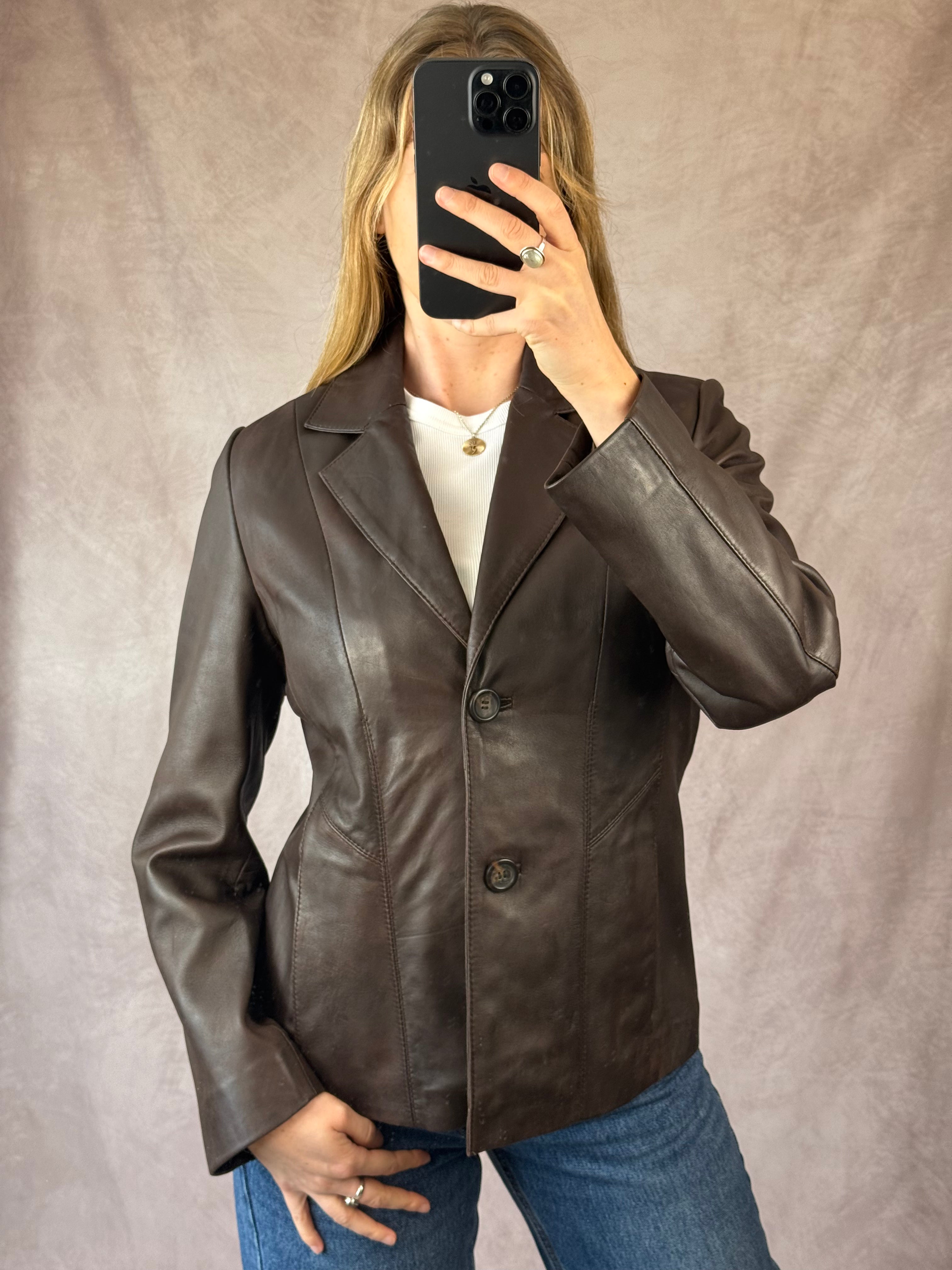 Y2K brown genuine leather jacket (L)
