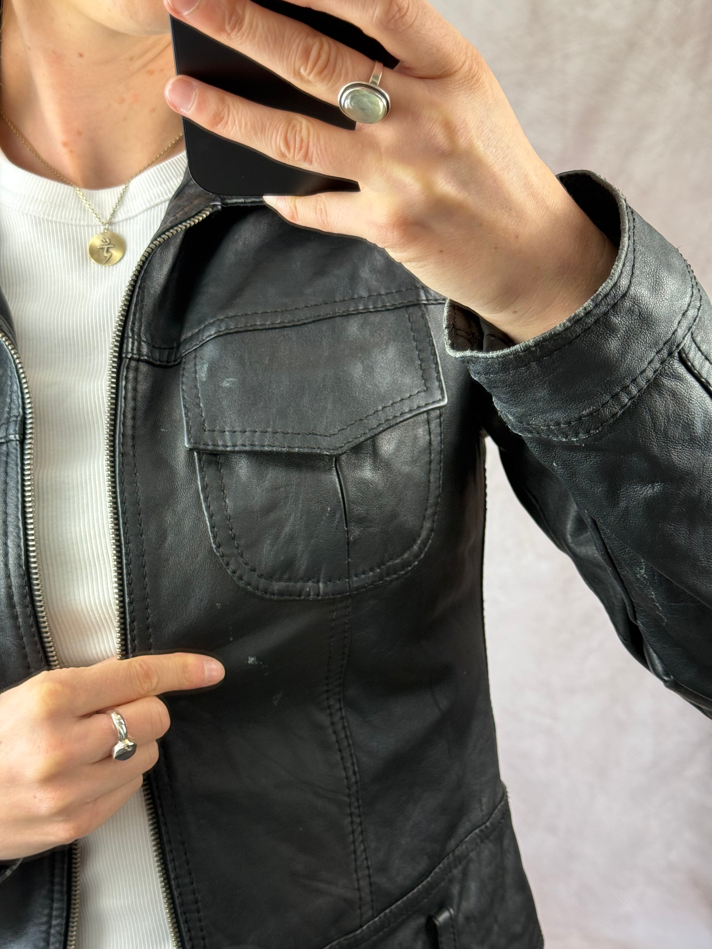 Vintage black Y2K racer leather jacket (M)
