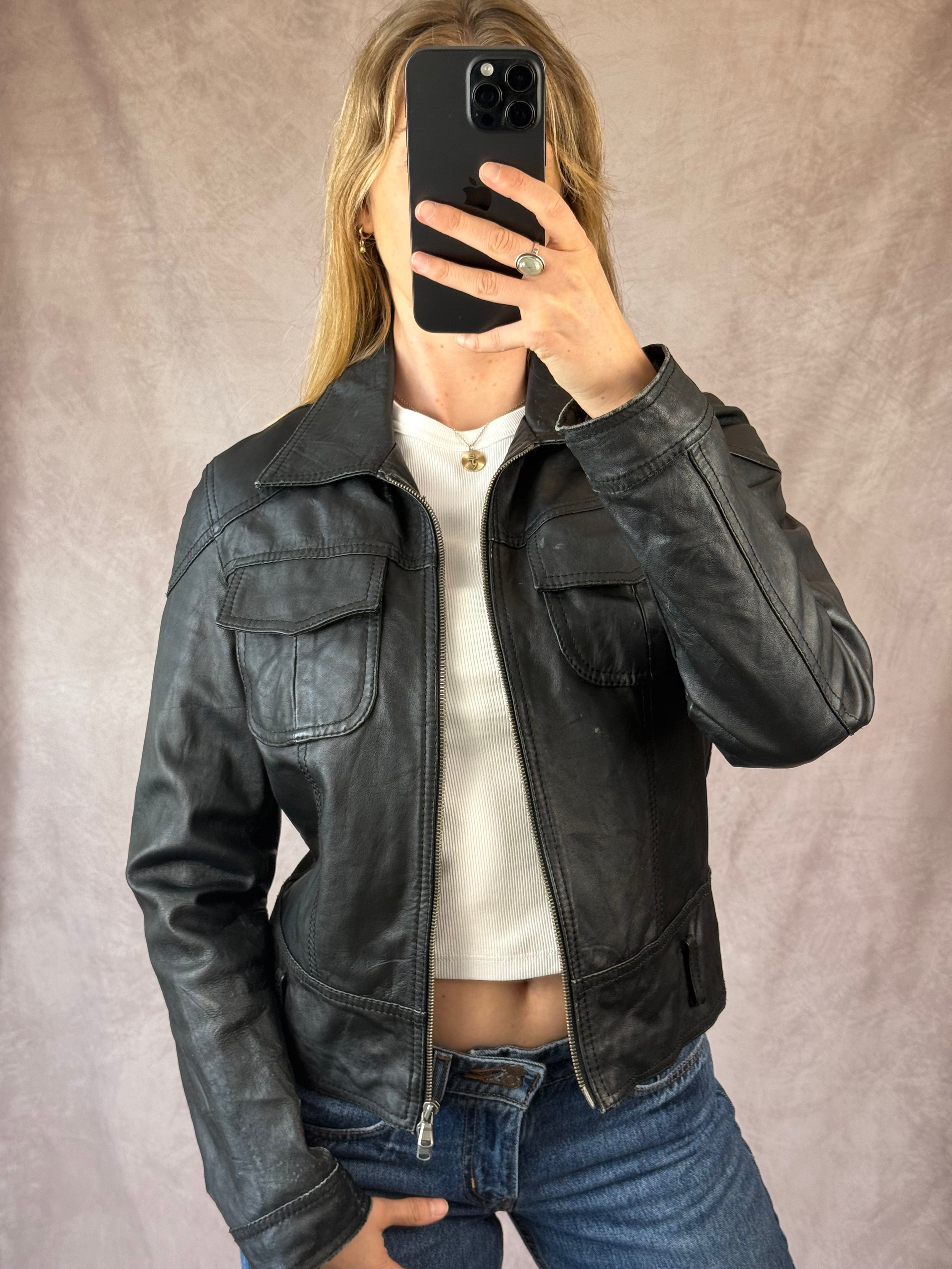 Vintage black Y2K racer leather jacket (M)