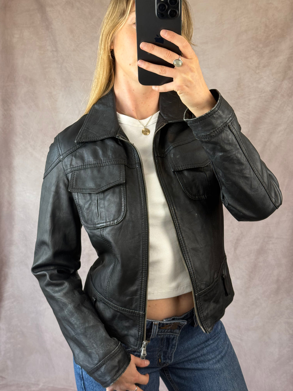 Vintage black Y2K racer leather jacket (M)