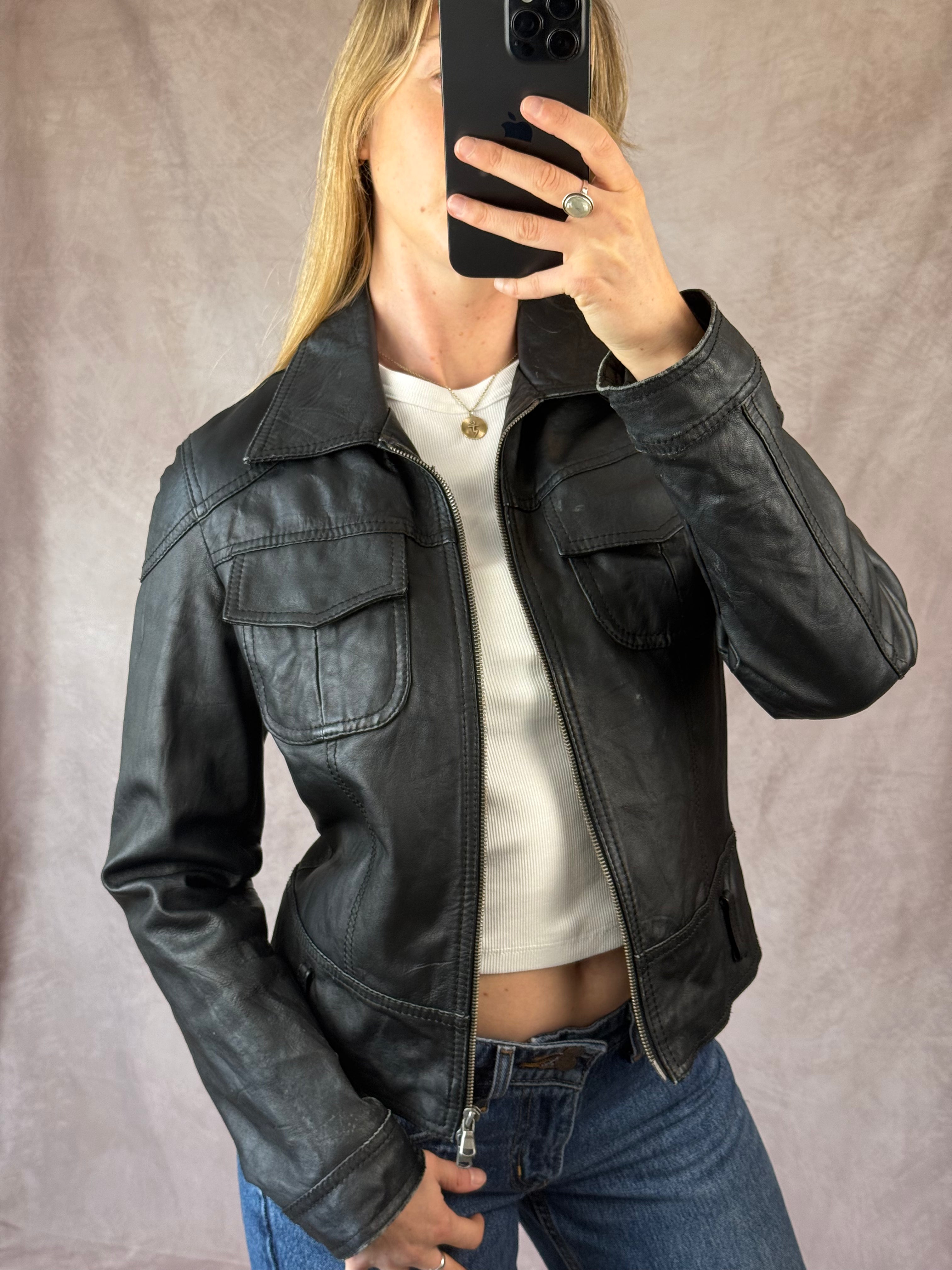 Vintage black Y2K racer leather jacket (M)