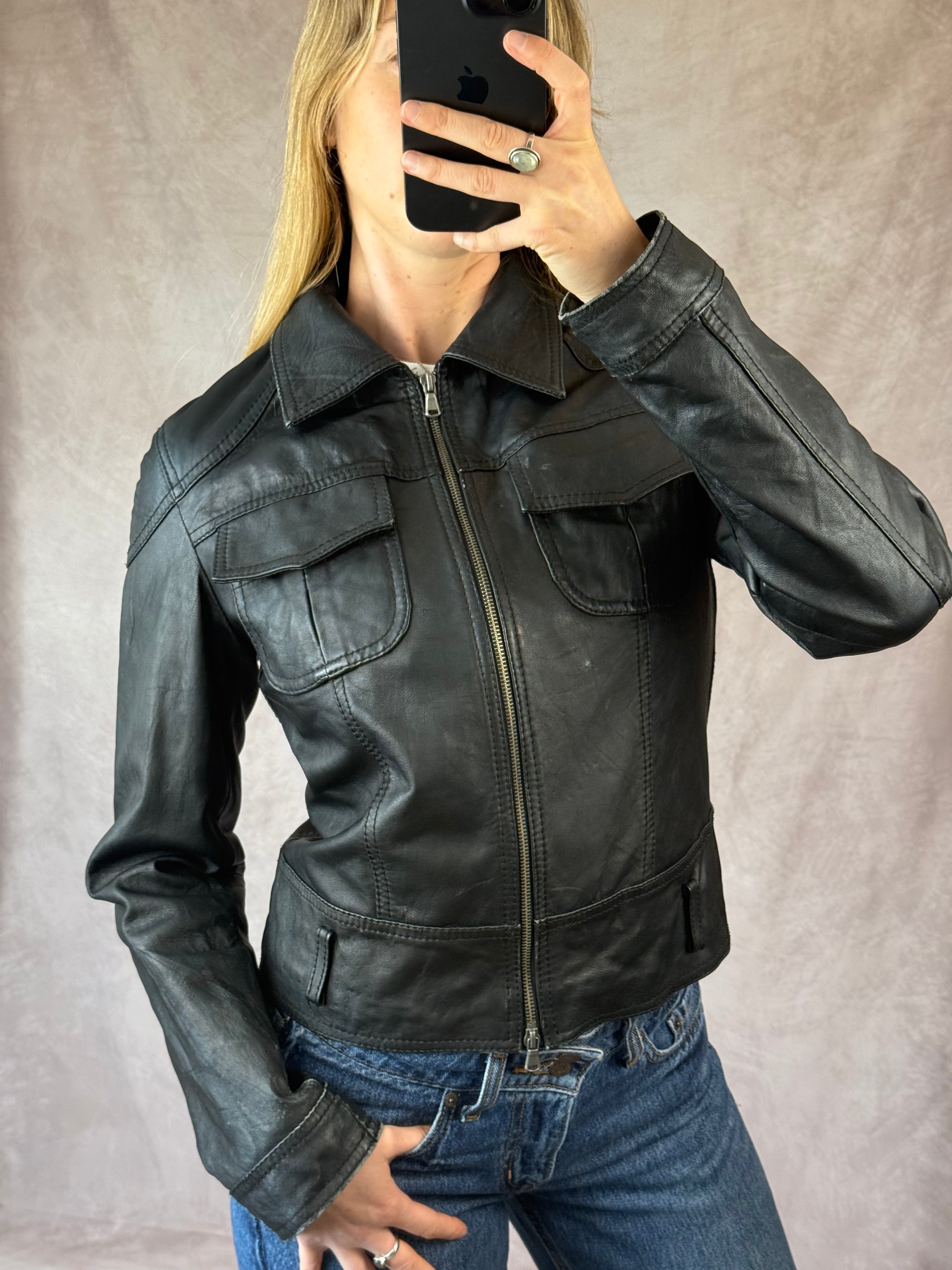 Vintage black Y2K racer leather jacket (M)