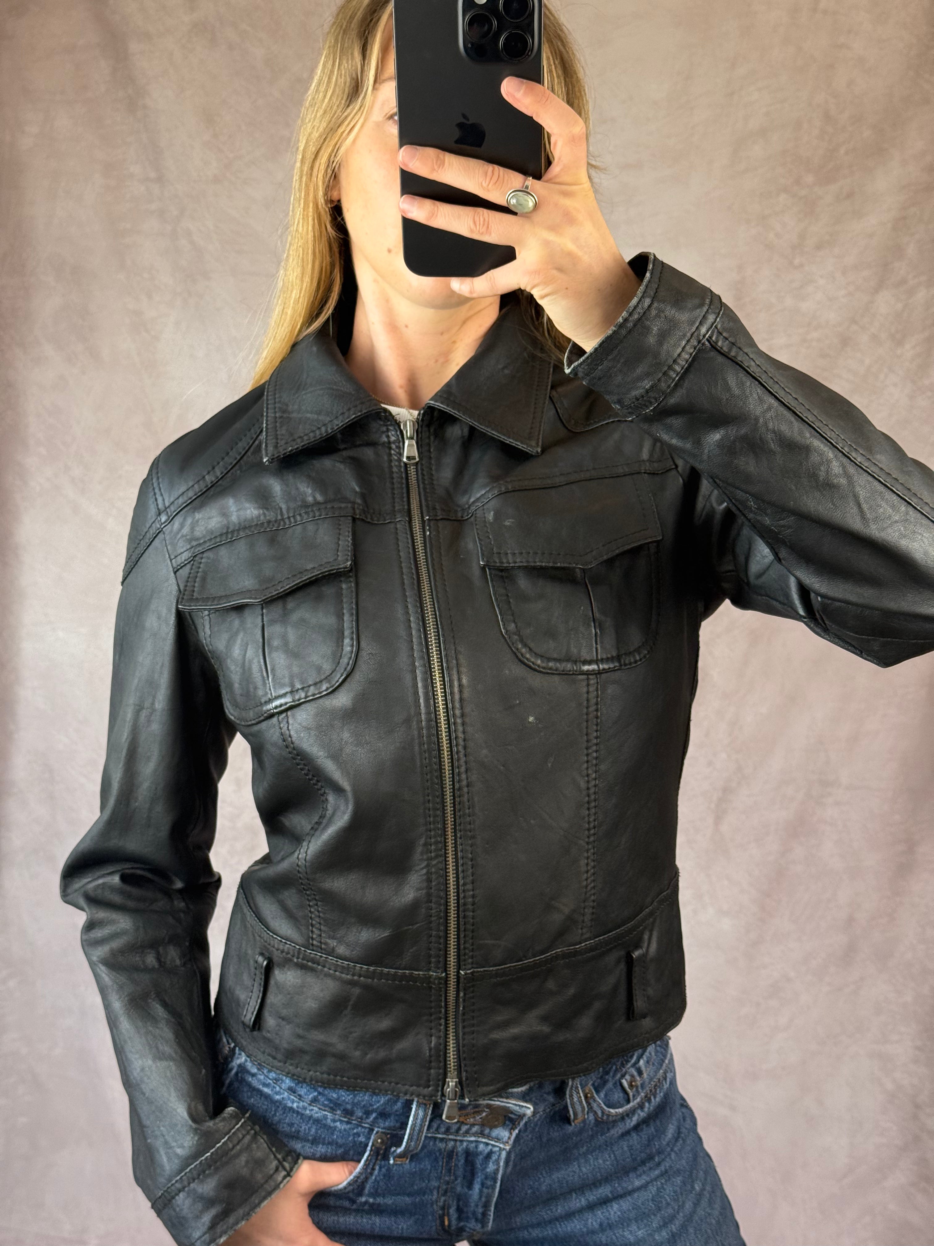 Vintage black Y2K racer leather jacket (M)