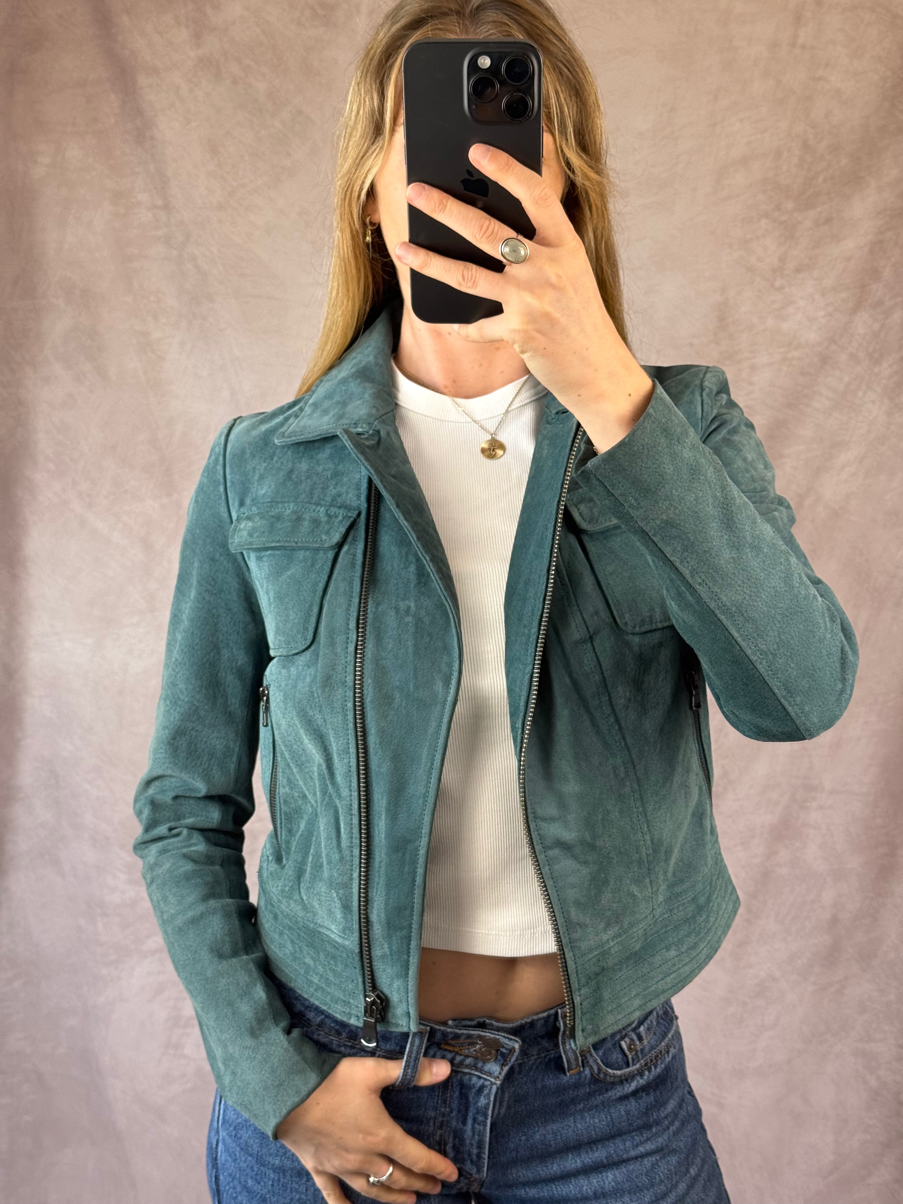 Teal blue genuine suede leather jacket (M)