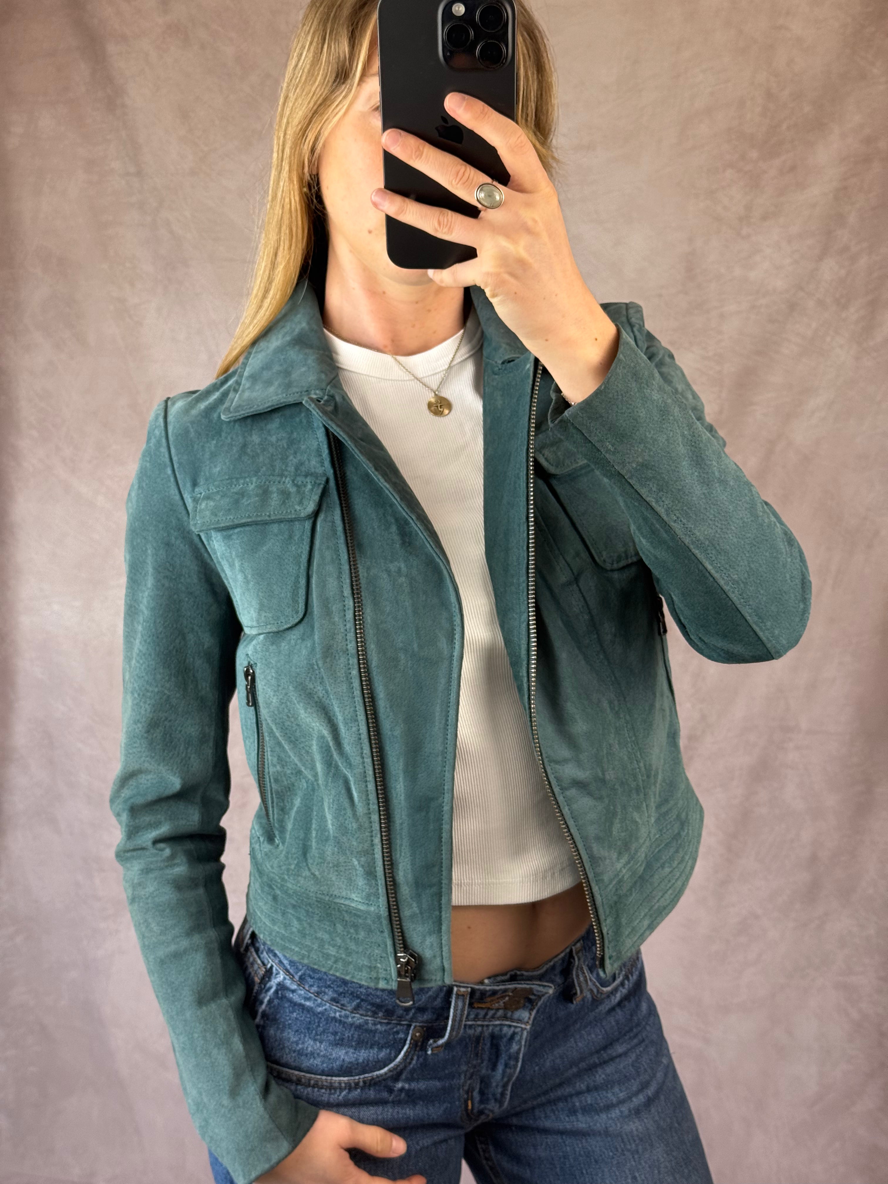 Teal blue genuine suede leather jacket (M)