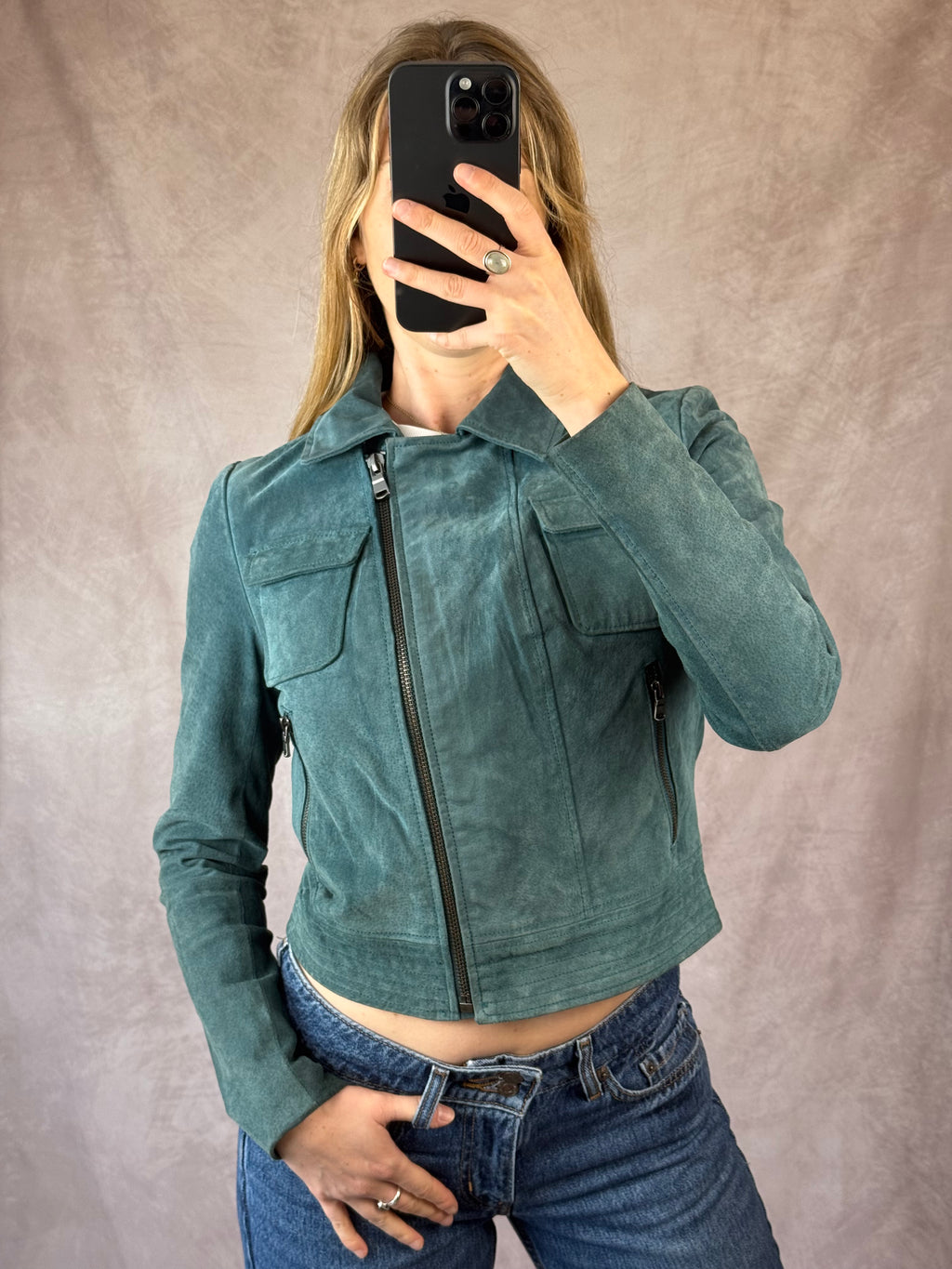 Teal blue genuine suede leather jacket (M)