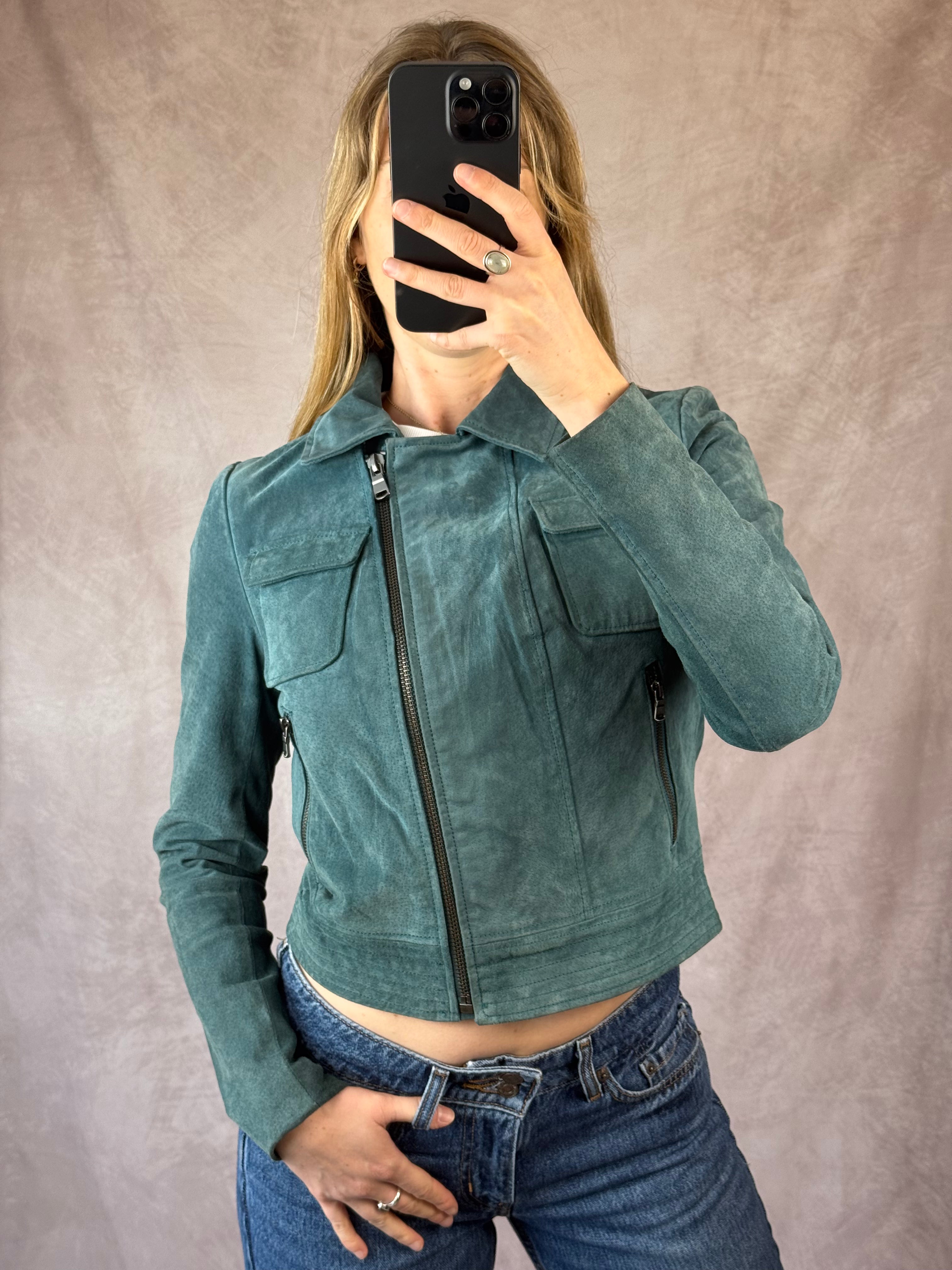 Teal blue genuine suede leather jacket (M)