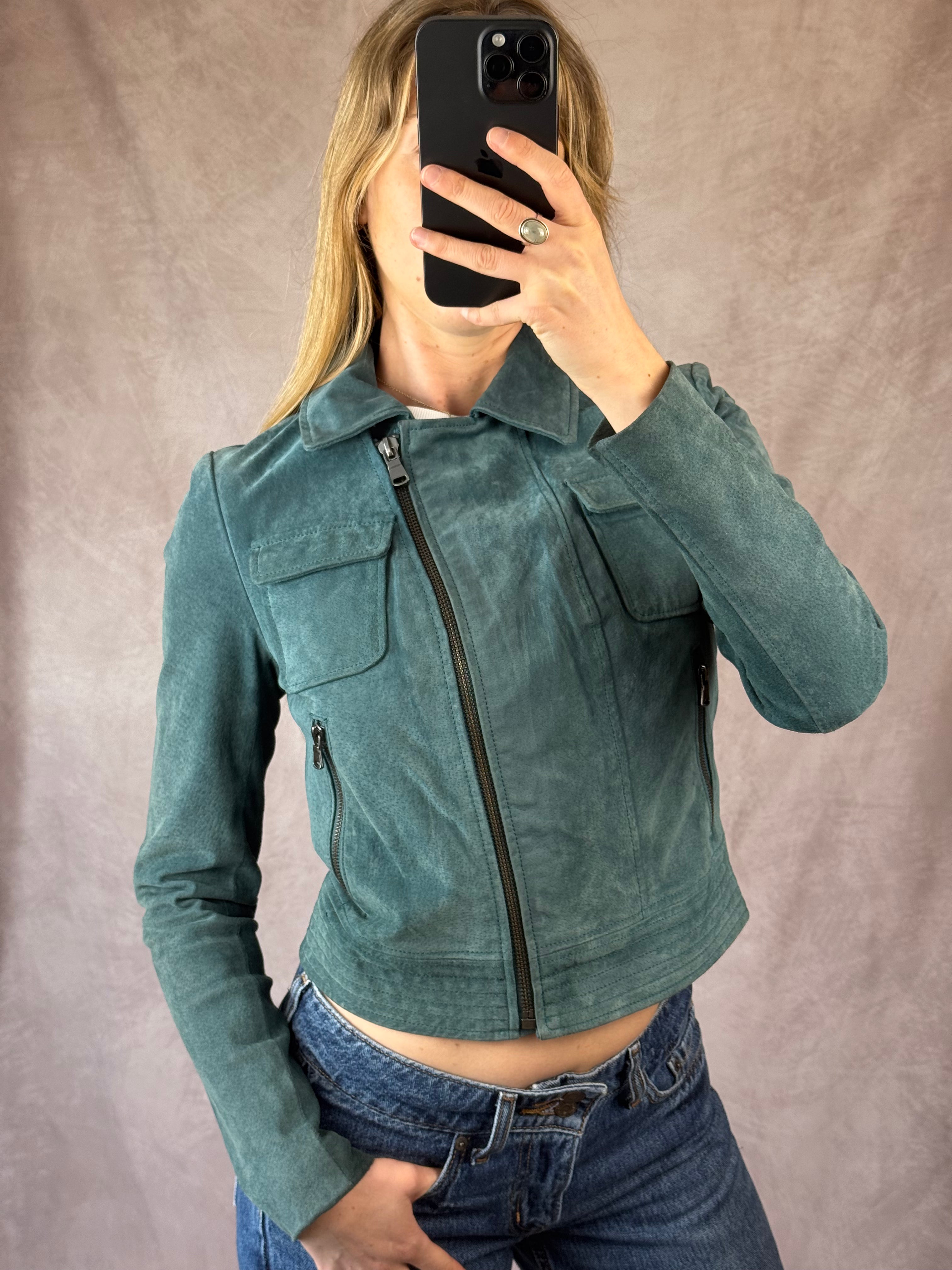 Teal blue genuine suede leather jacket (M)