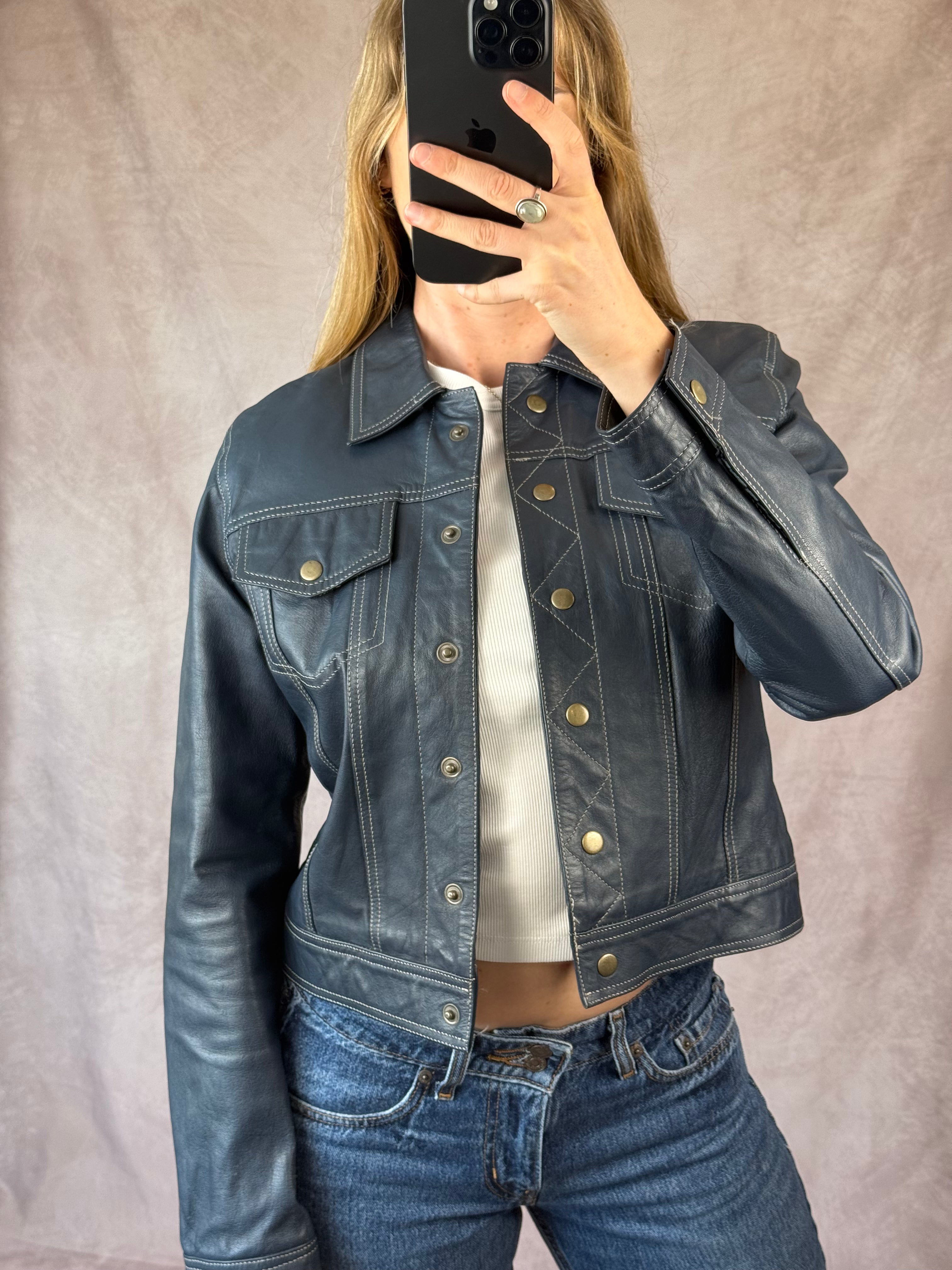 Vintage navy blue racer leather jacket (M)