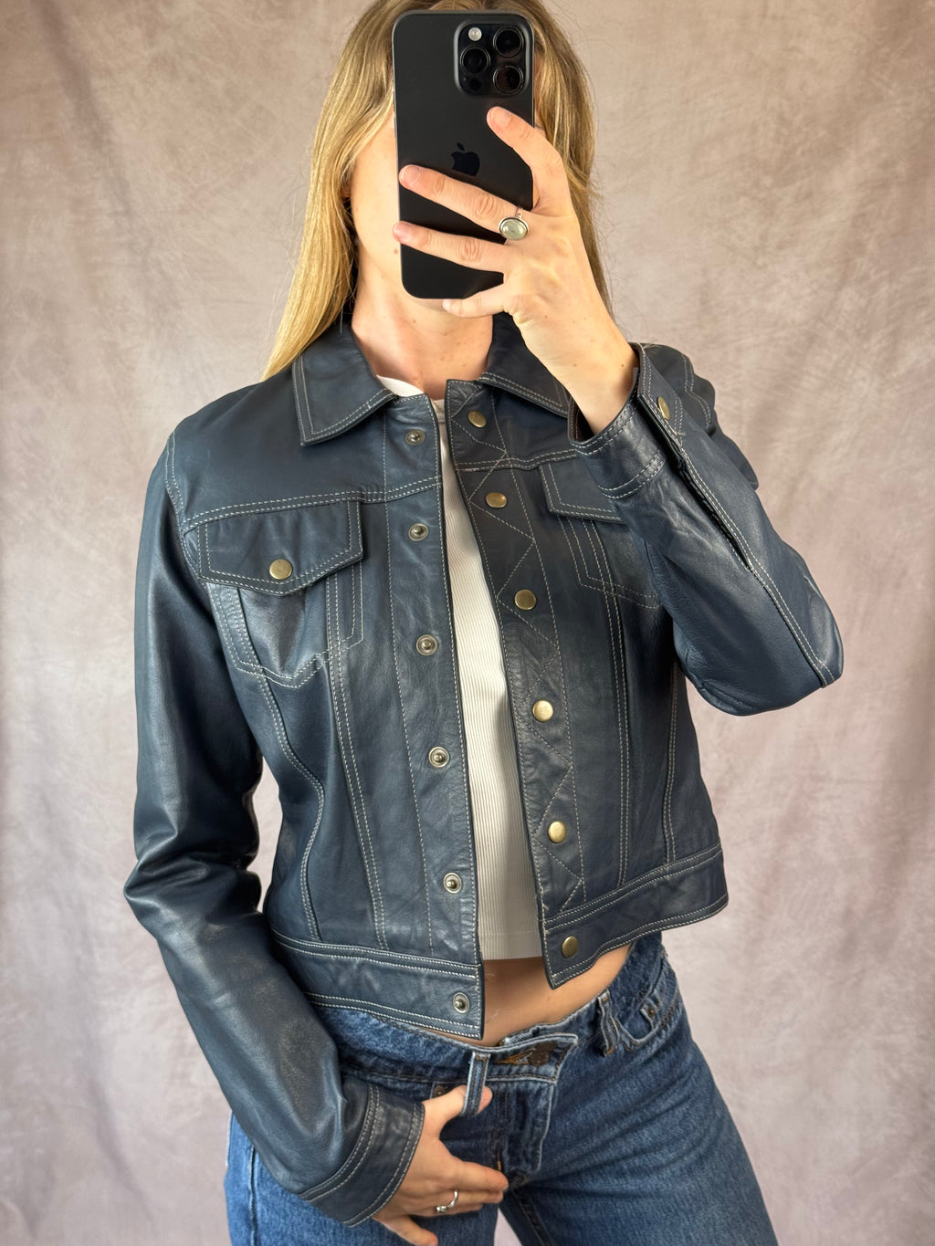 Vintage navy blue racer leather jacket (M)