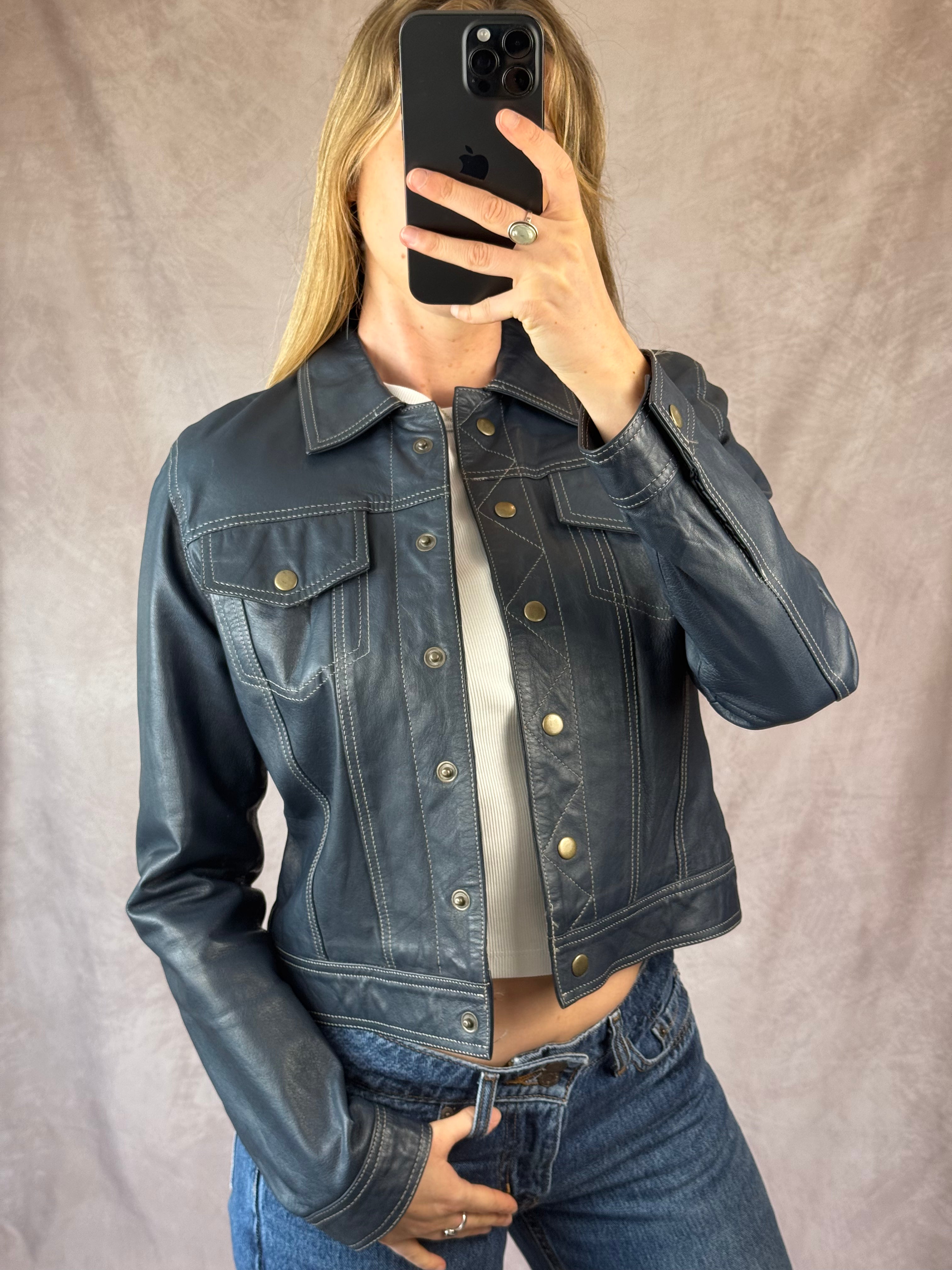 Vintage navy blue racer leather jacket (M)