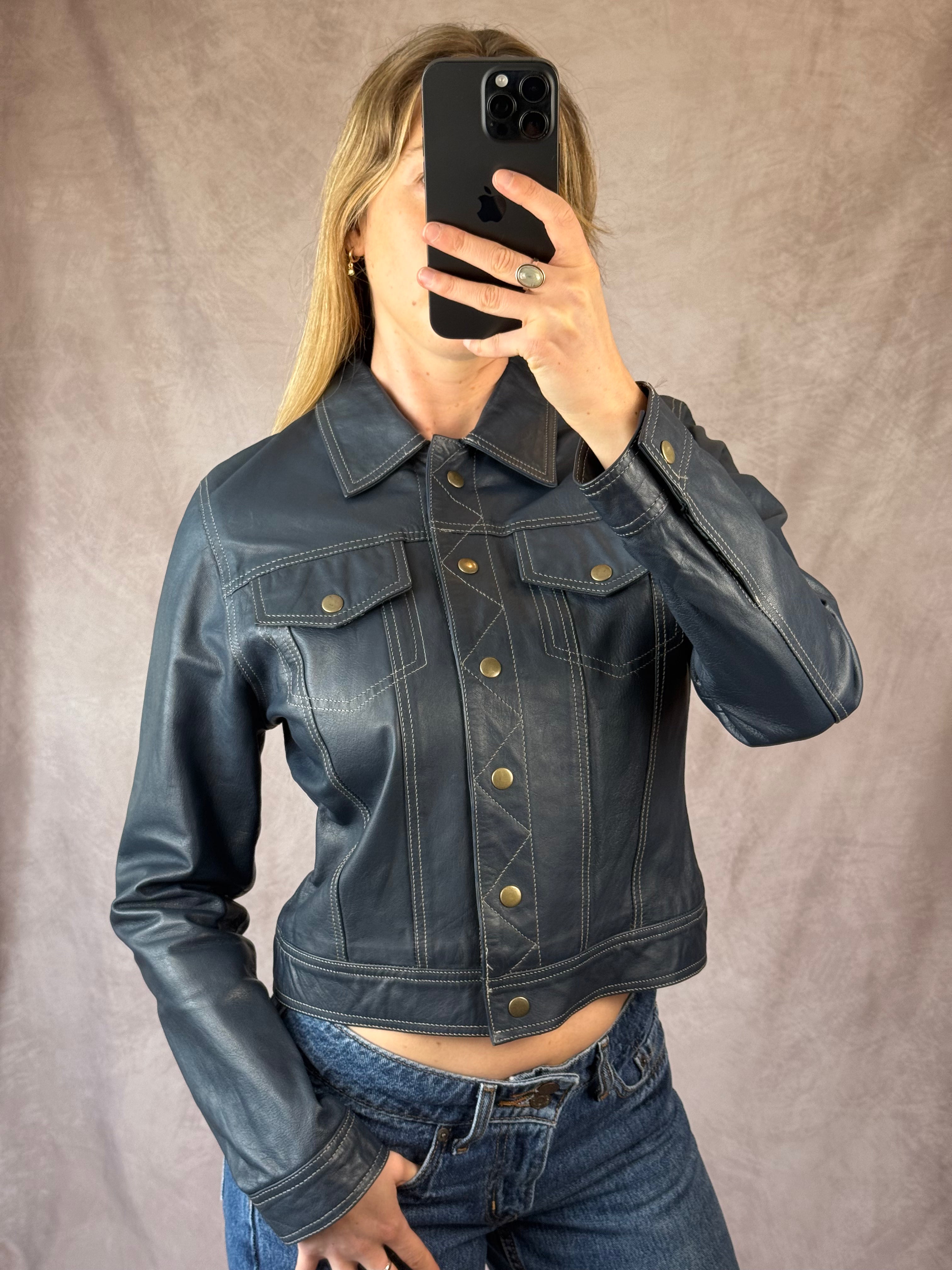 Vintage navy blue racer leather jacket (M)