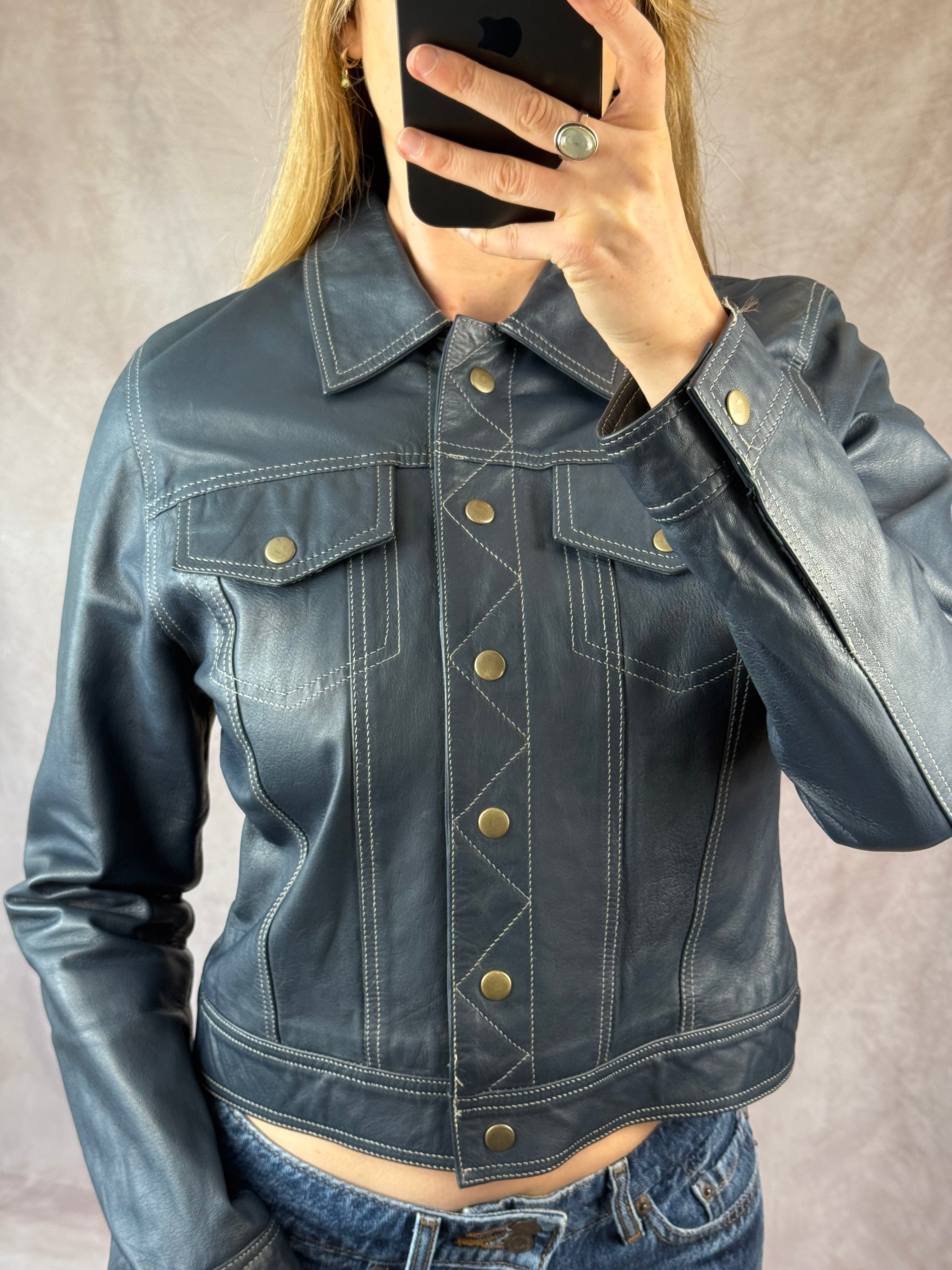 Vintage navy blue racer leather jacket (M)