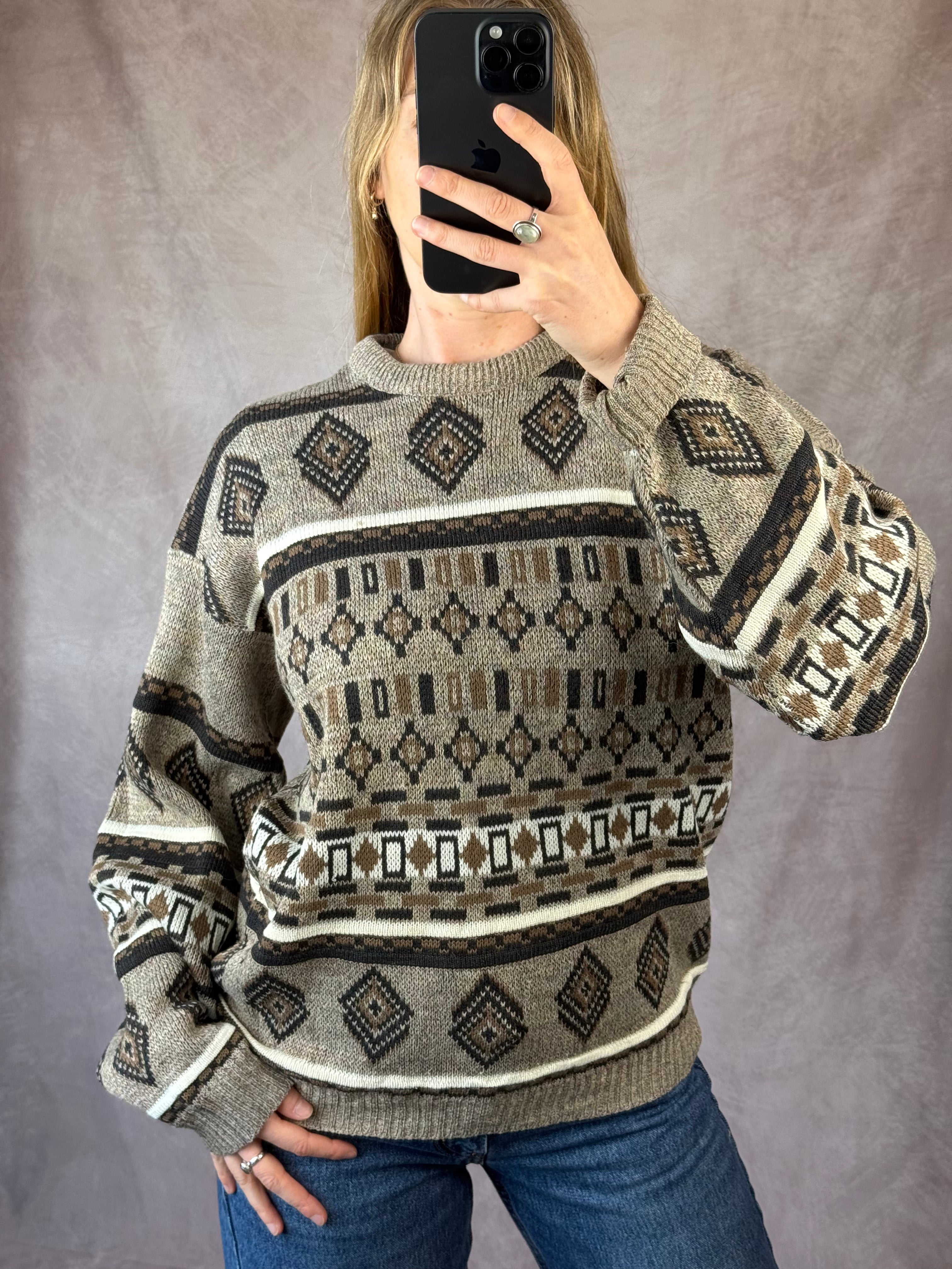 Vintage grunge geometric knitted jumper (L)