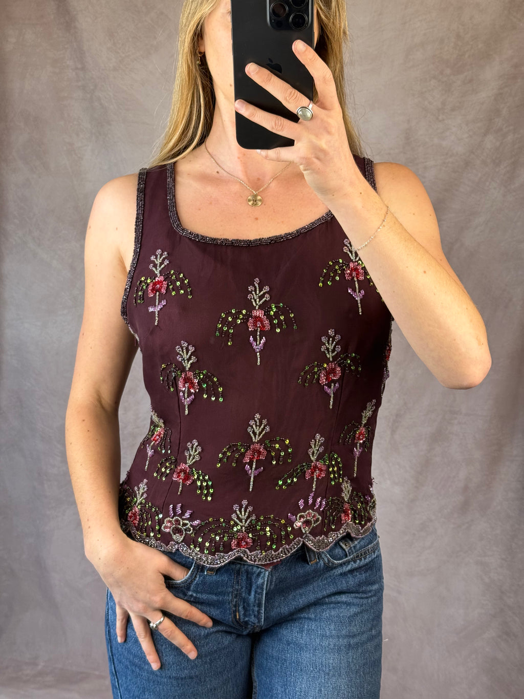 After Shock Y2K burgundy sequinned top (L)